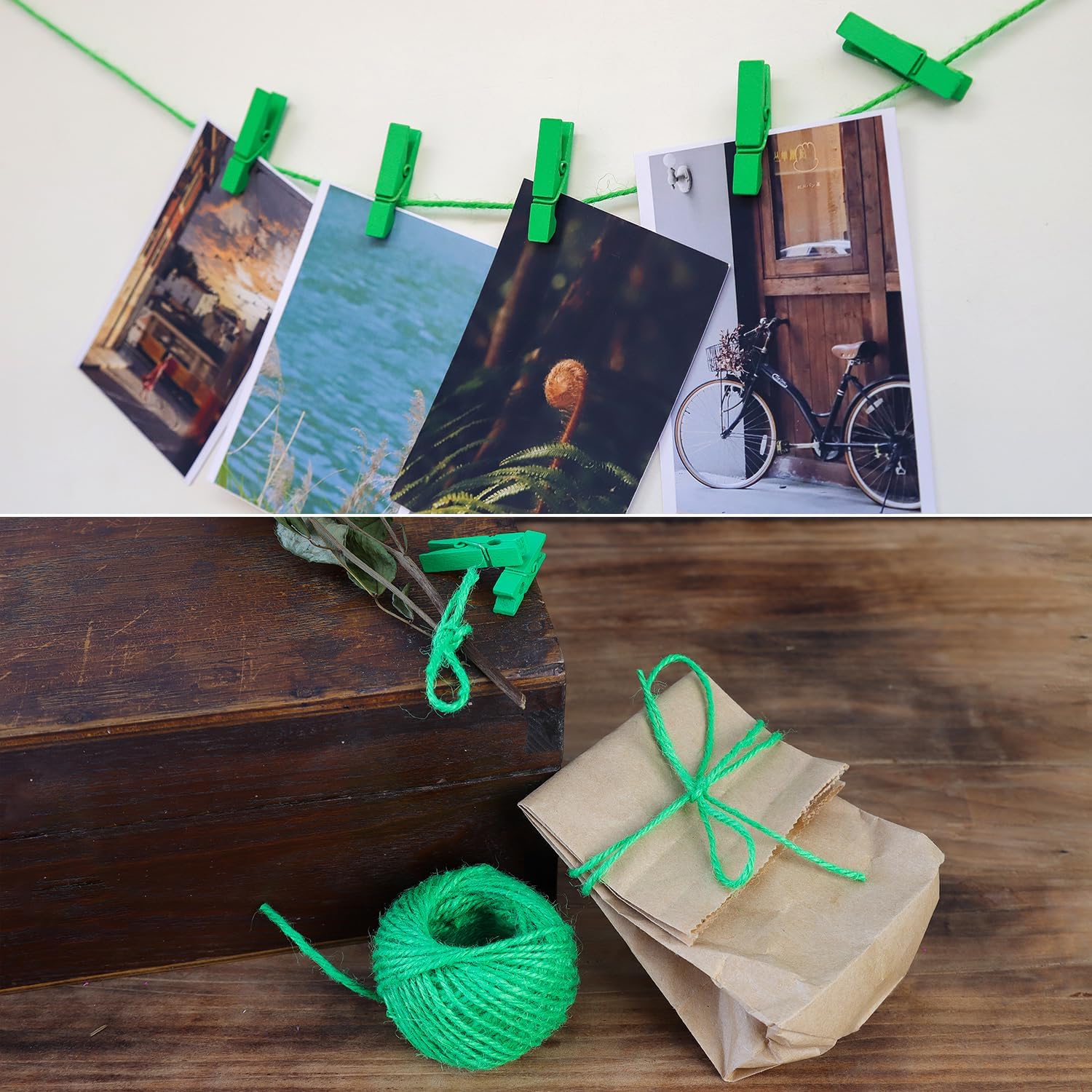 HSTECH 100 pinzas de madera natural verde y cordel de yute de 82 pies, alfileres para ropa de bebé, clips de fotos para manualidades para el hogar,