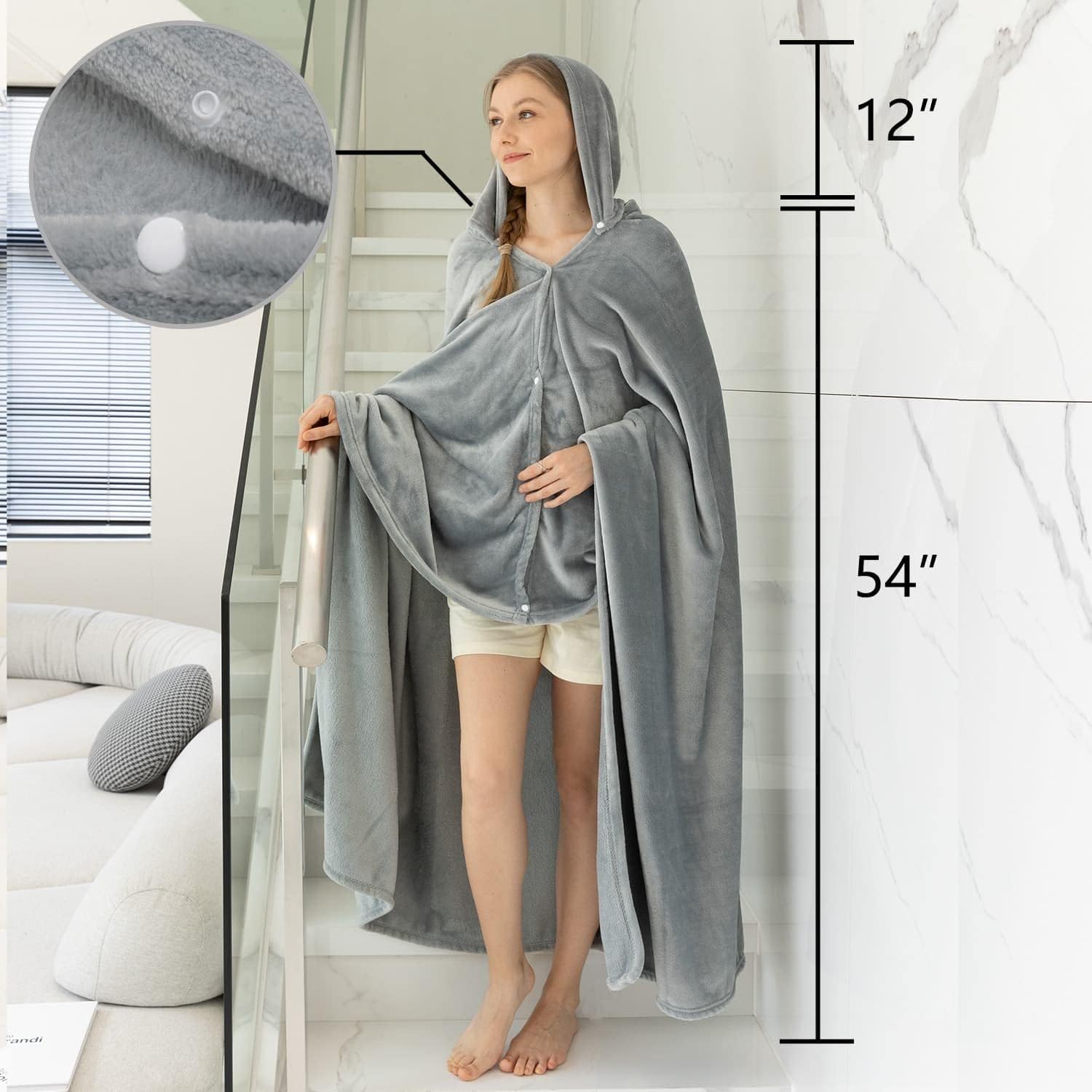 NANPIPER Manta de gran tamaño con capucha para mujer, manta suave y mullida, microfibra de forro polar de felpa cálida, 65 x 80 pulgadas, gris claro