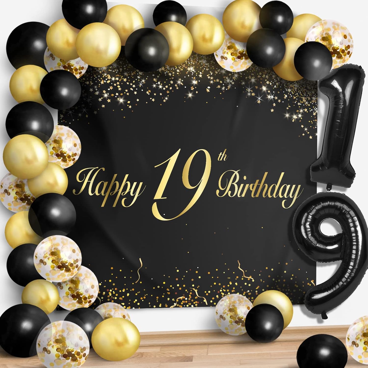 Juego de globos negros de feliz cumpleaños 19  Saludos a los 19 años de edad, decoración de telón de fondo para mujeres y hombres