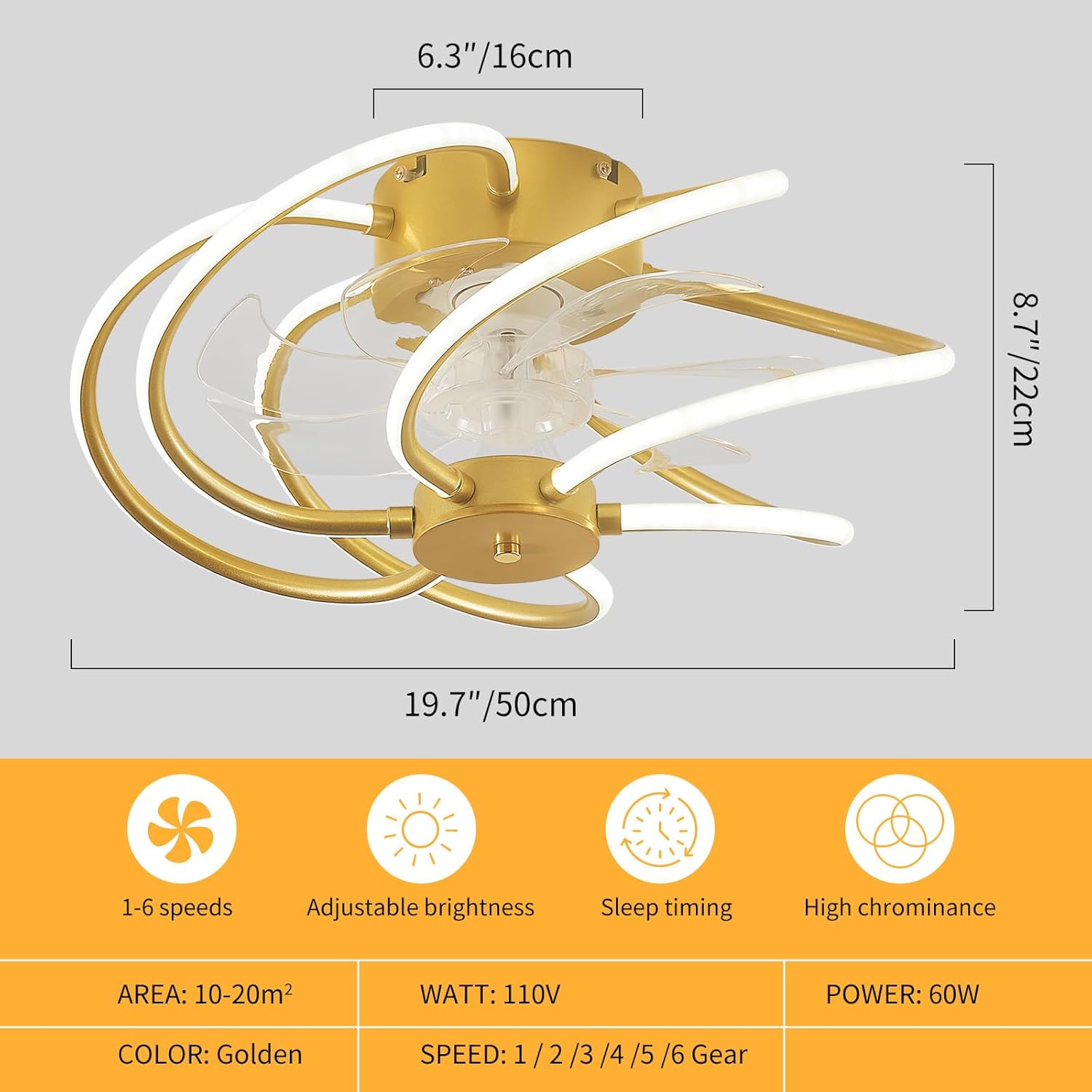 Moderno ventilador de techo remoto inteligente para dormitorio de 19.7 pulgadas con luz LED, lámpara de montaje empotrado de perfil bajo con
