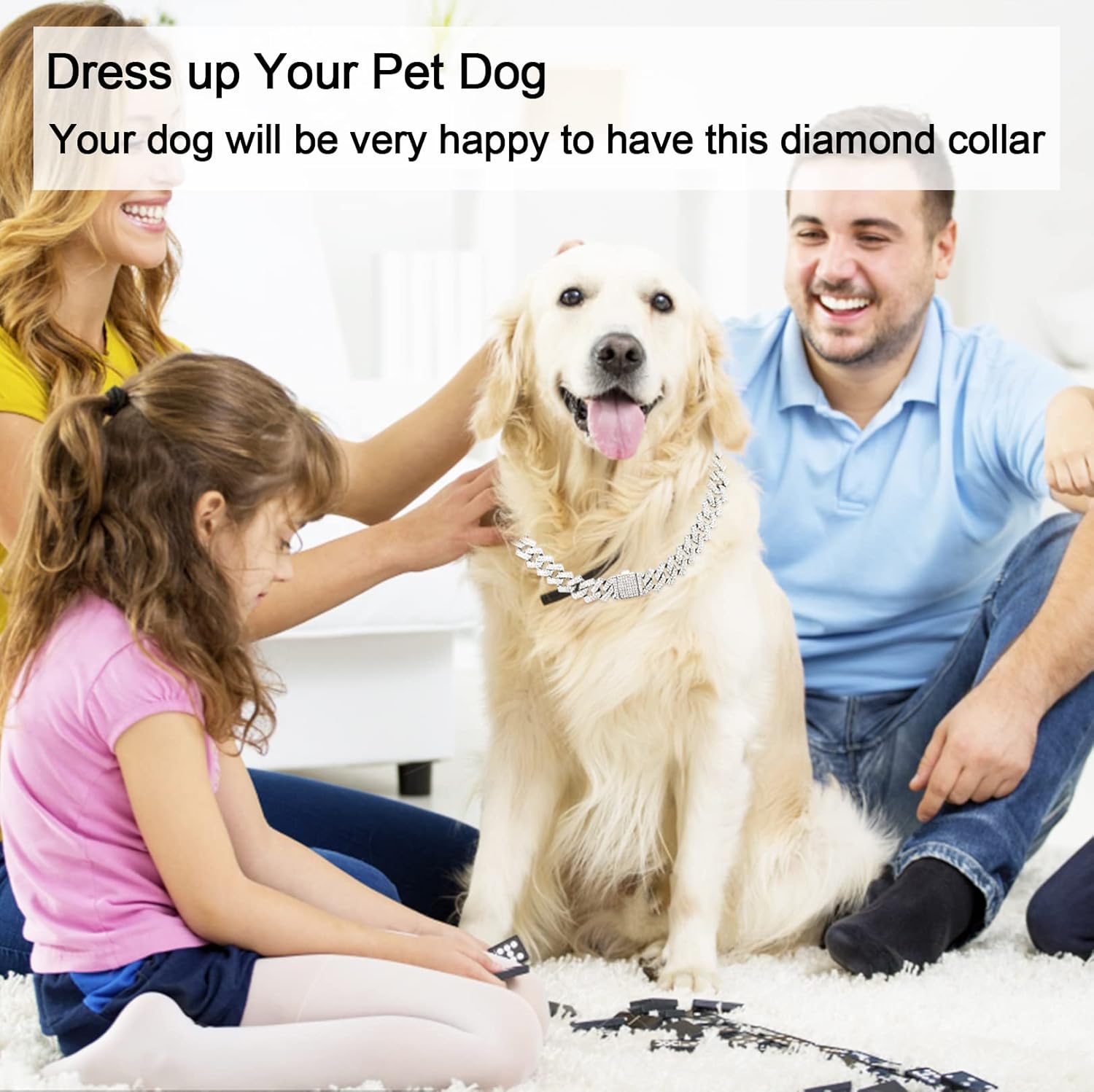 KOLODOGO Collar de cadena para perro, collar cubano de diamante con purpurina, collar de cadena de metal para caminar con diseño de hebilla segura