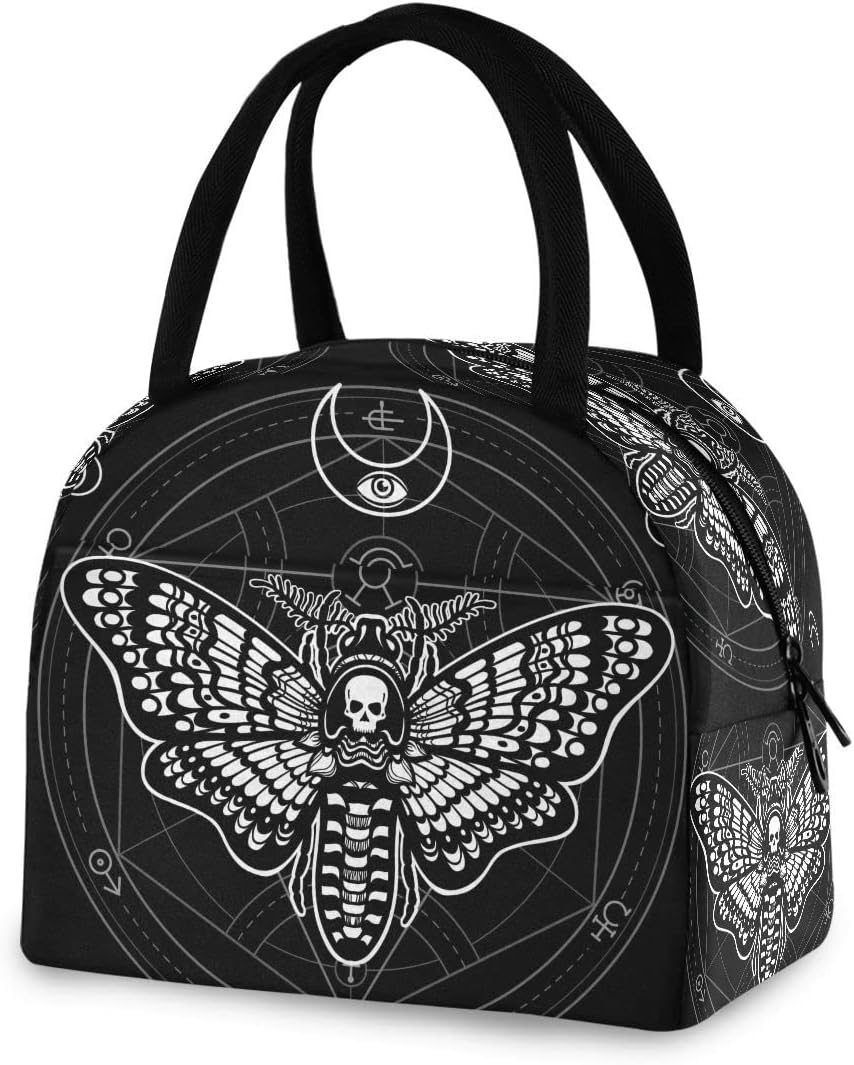 MNSRUU Bolsa de almuerzo para mujeres y hombres, bolsa de almuerzo térmica reutilizable con diseño de polilla de calavera negra, bolsa enfriadora