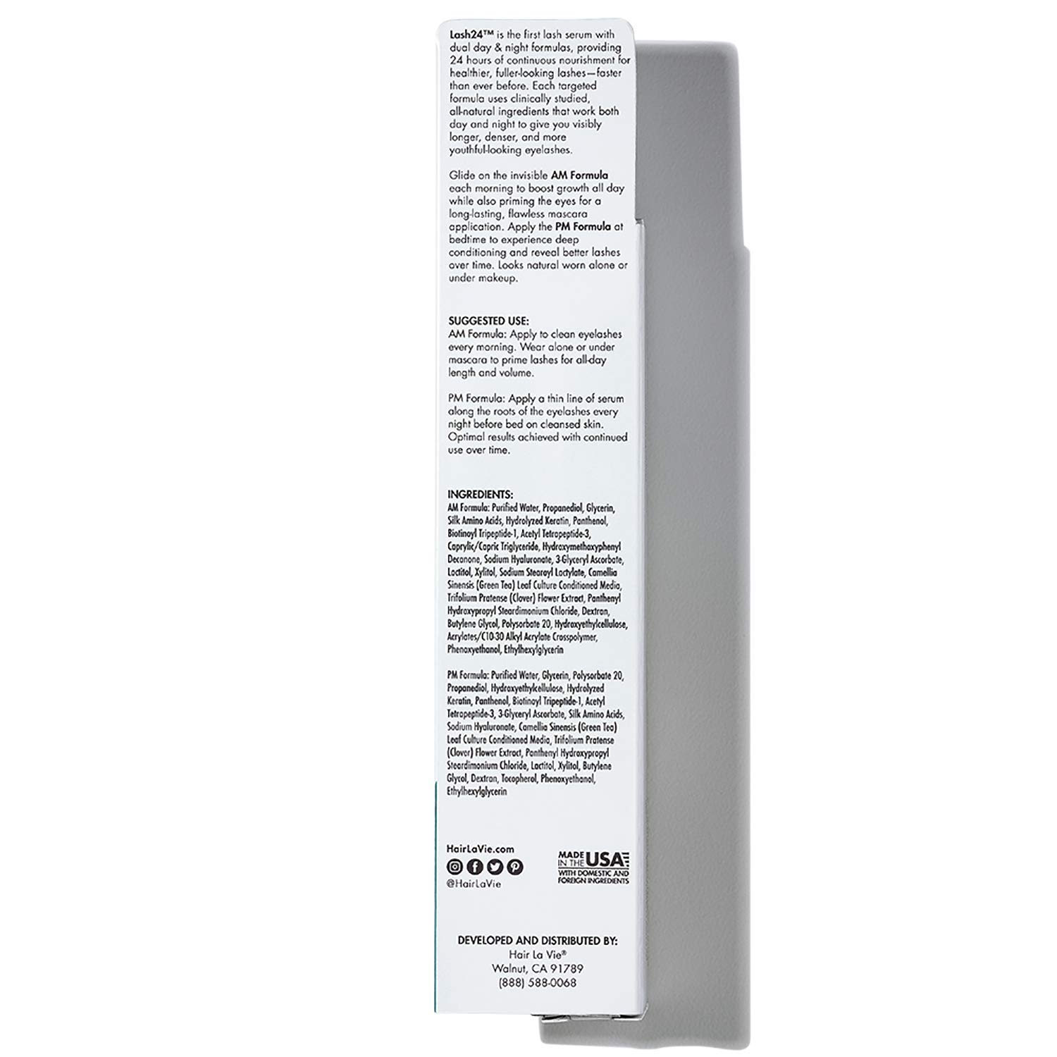 Lash24 de Hair La Vie – Suero de pestañas y suero de cejas – Potenciador de pestañas e imprimación – Fórmula dual con imprimación de pestañas AM y