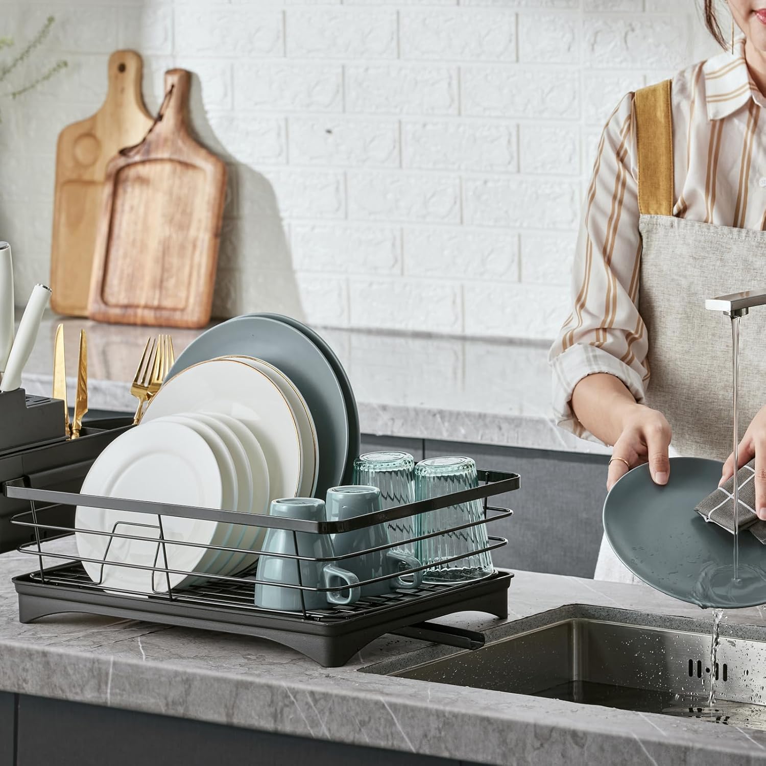 Estante de secado de vajilla de acero inoxidable y escurridor de platos para encimera de cocina, ahorro de espacio, estante de vajilla desmontable