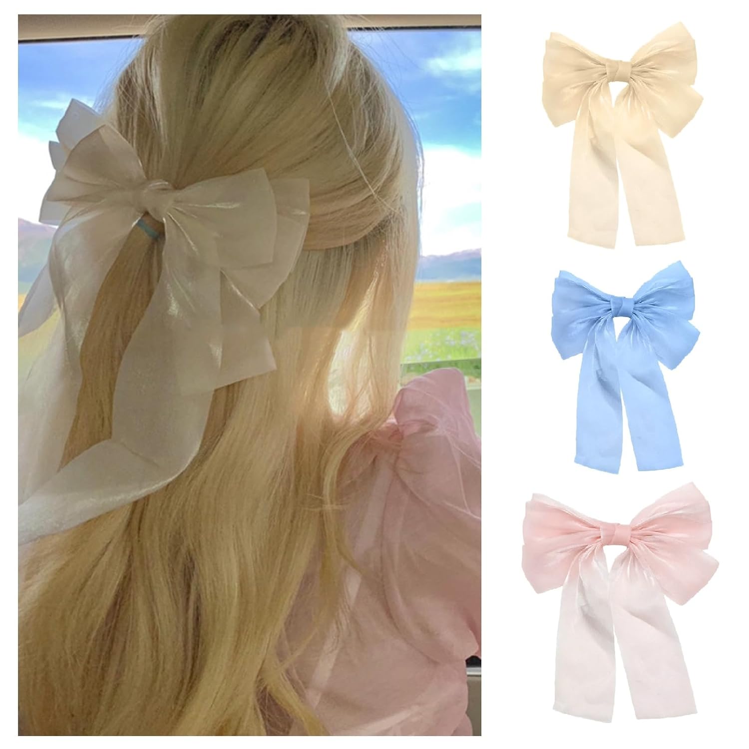 papasgix Lazos para el pelo para mujeres y niñas, clip de lazo con colas largas, lazos para el pelo, cintas para el cabello, accesorios para el