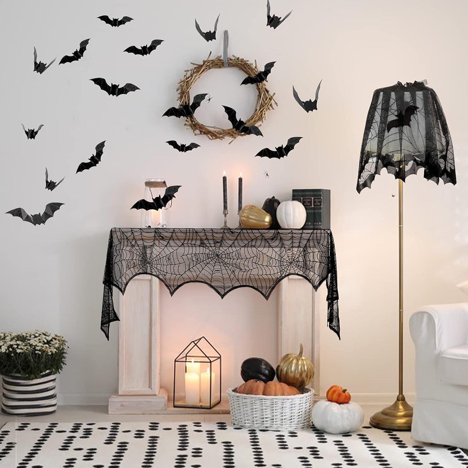 Paquete de 5 manteles de decoración de Halloween, camino de mesa de encaje negro, redondo, telaraña, mantel de chimenea, bufanda de telaraña,