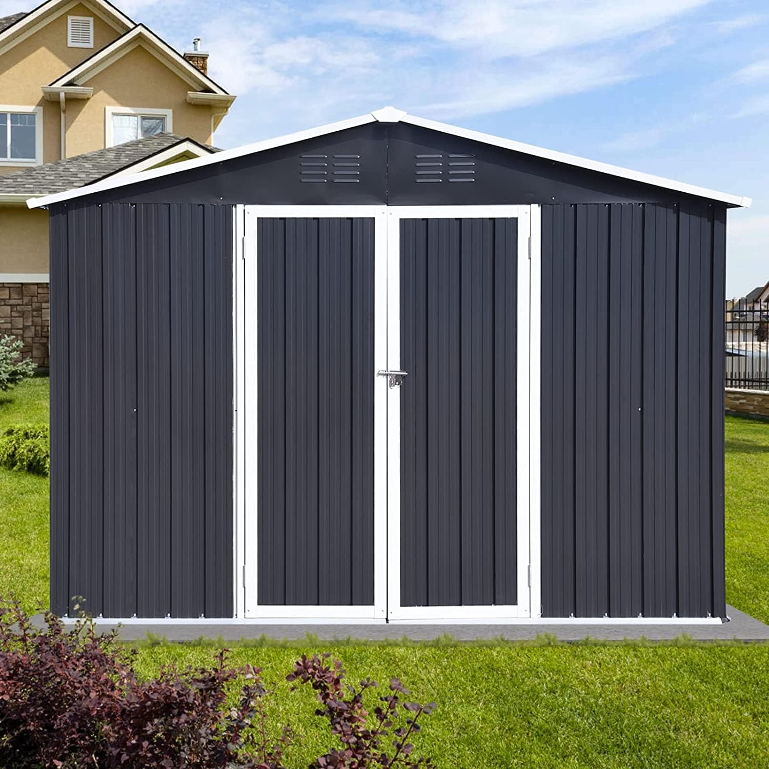EMKK Cobertizo de almacenamiento para exteriores de 10 x 8 pies, kit de cobertizos de jardín de metal de acero galvanizado con puerta doble con