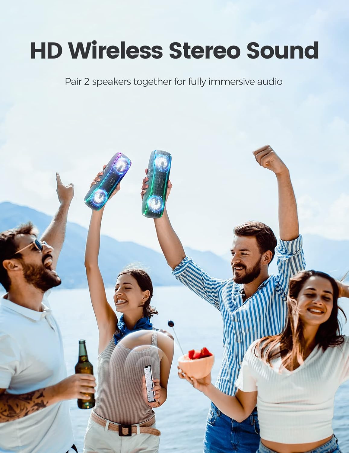 Altavoz Bluetooth portátil, IPX7 impermeable altavoz inalámbrico con luces intermitentes coloridas, 25 W Super Bass 24 horas de reproducción, rango