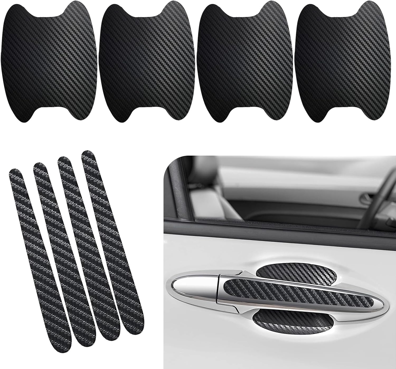Pack-8 Car Door Bowl Handle Carbon Fiber Film, Car Door Handle Leather Anti-Scratch Protective Trim, Door Handle Cups Protective Film Side Sticker,