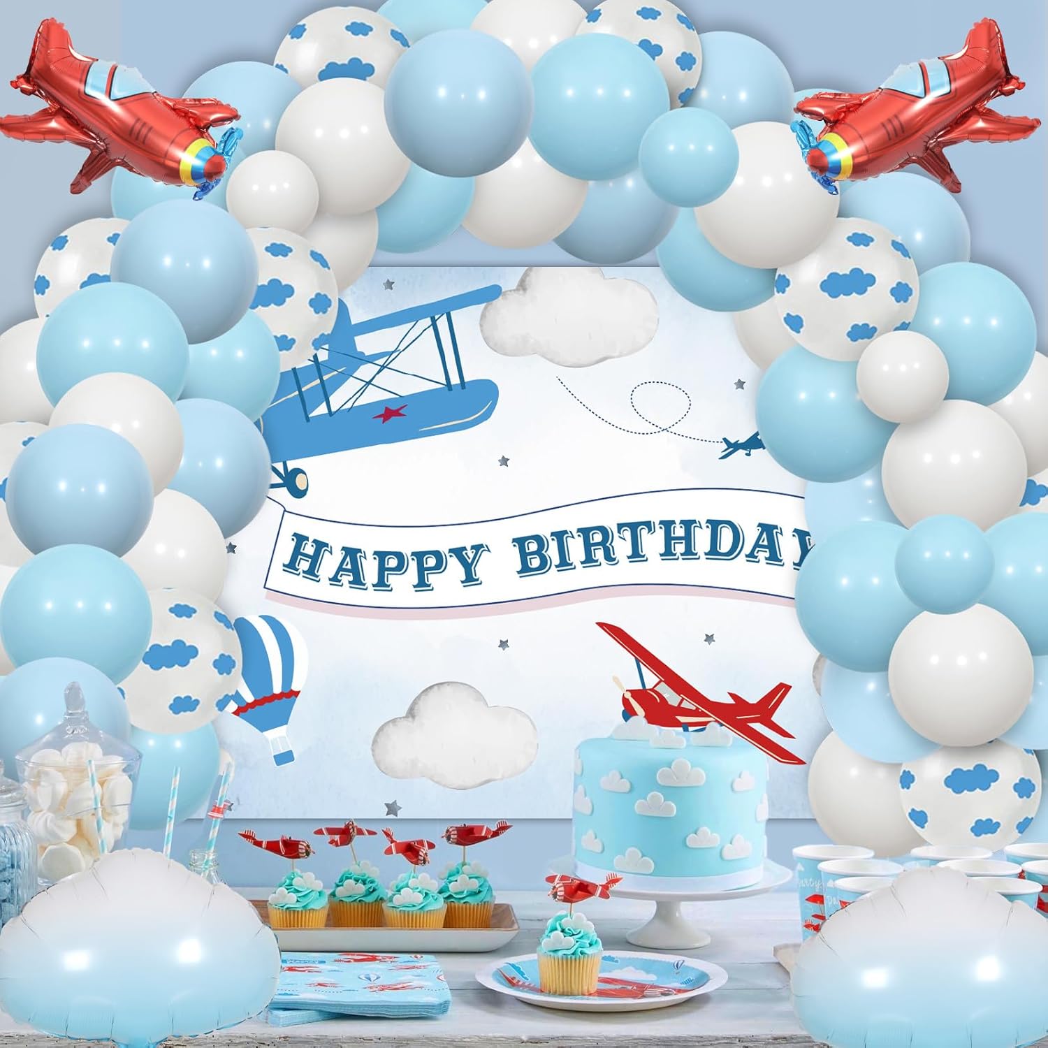 Decoraciones de fiesta de cumpleaños de avión, guirnalda de globos azules, telón de fondo de feliz cumpleaños, globos de papel de aluminio de nube