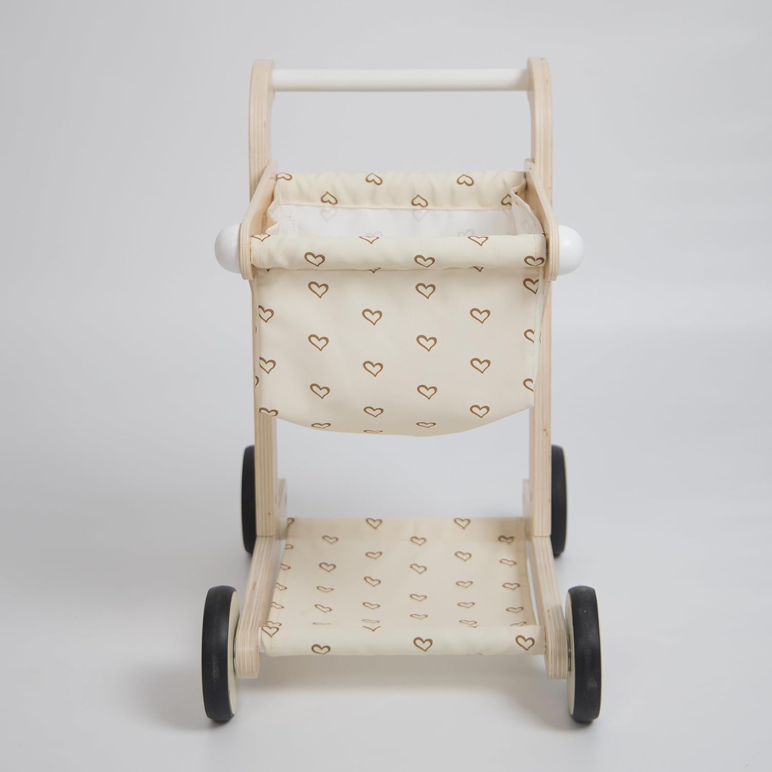 Hopscotch Squad Carrito de compras de madera para bebé, cochecito de muñeca para niños pequeños, caminante de aprendizaje educativo, carro de juego