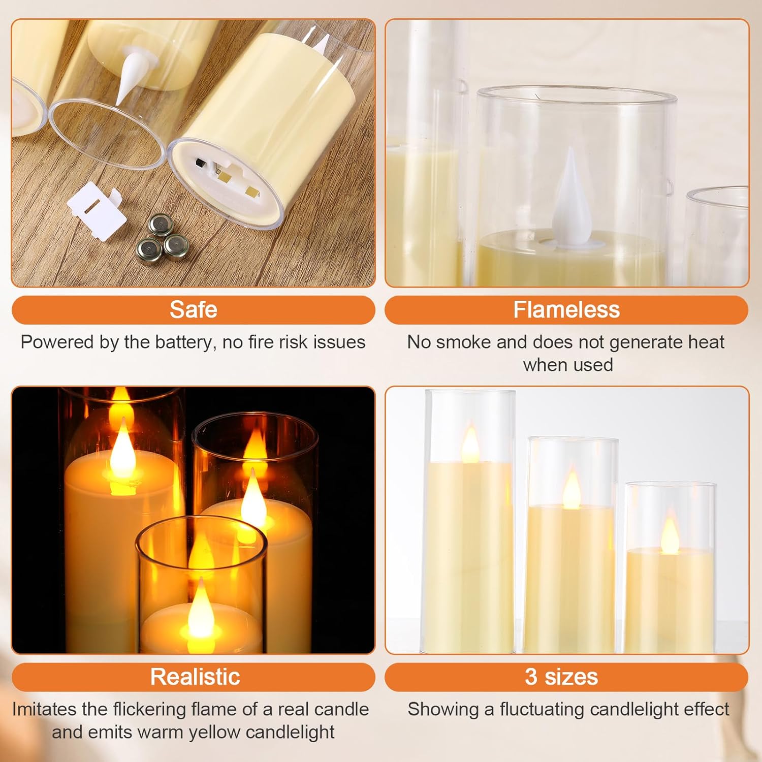 24 velas parpadeantes sin llama, velas LED de pilar con 4 controles remotos que funcionan con pilas para interiores y exteriores, velas falsas