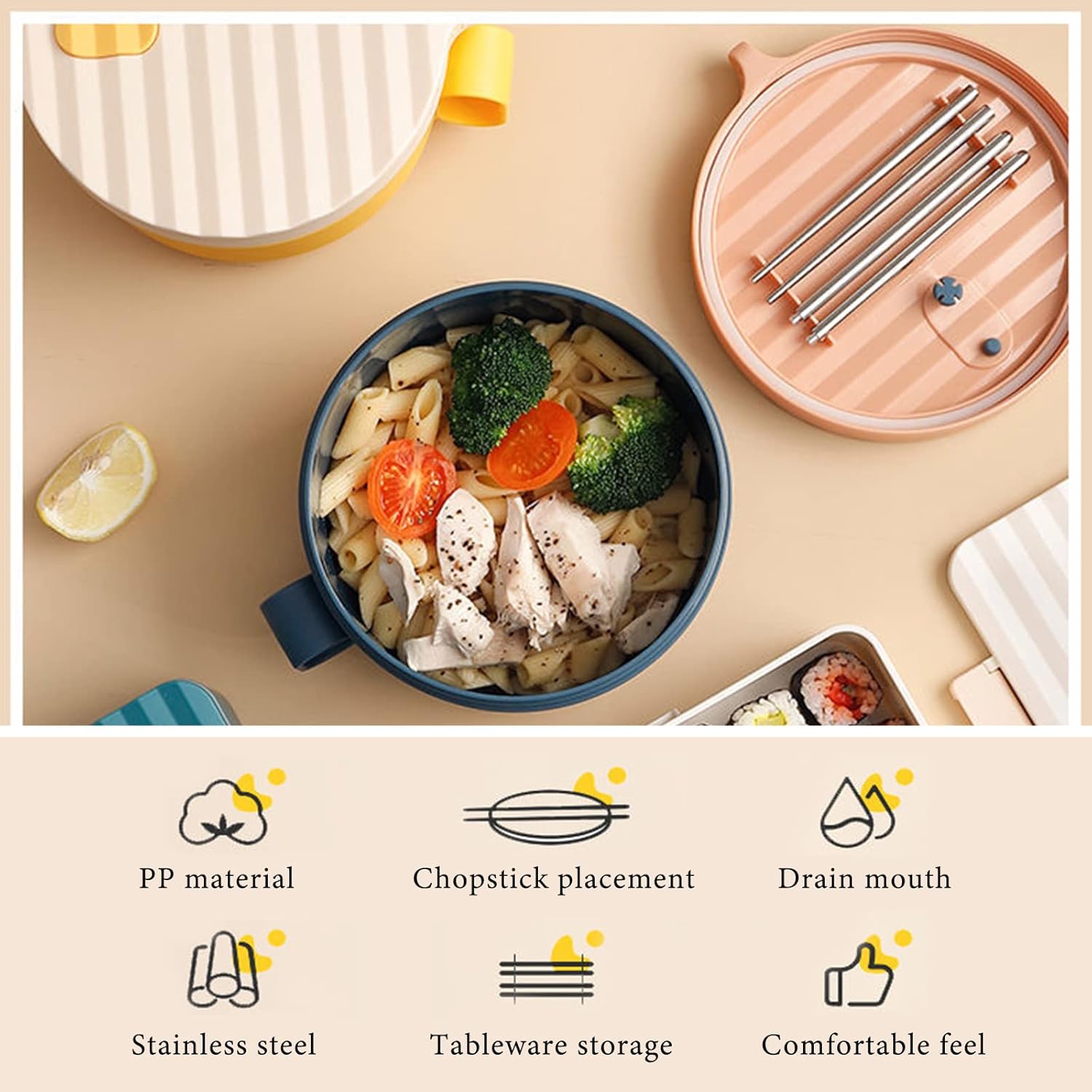 Tazón de ramen para microondas con asas, cuencos para fideos con tapa y palillos, apto para lavavajillas, para hogar, oficina, universidad,