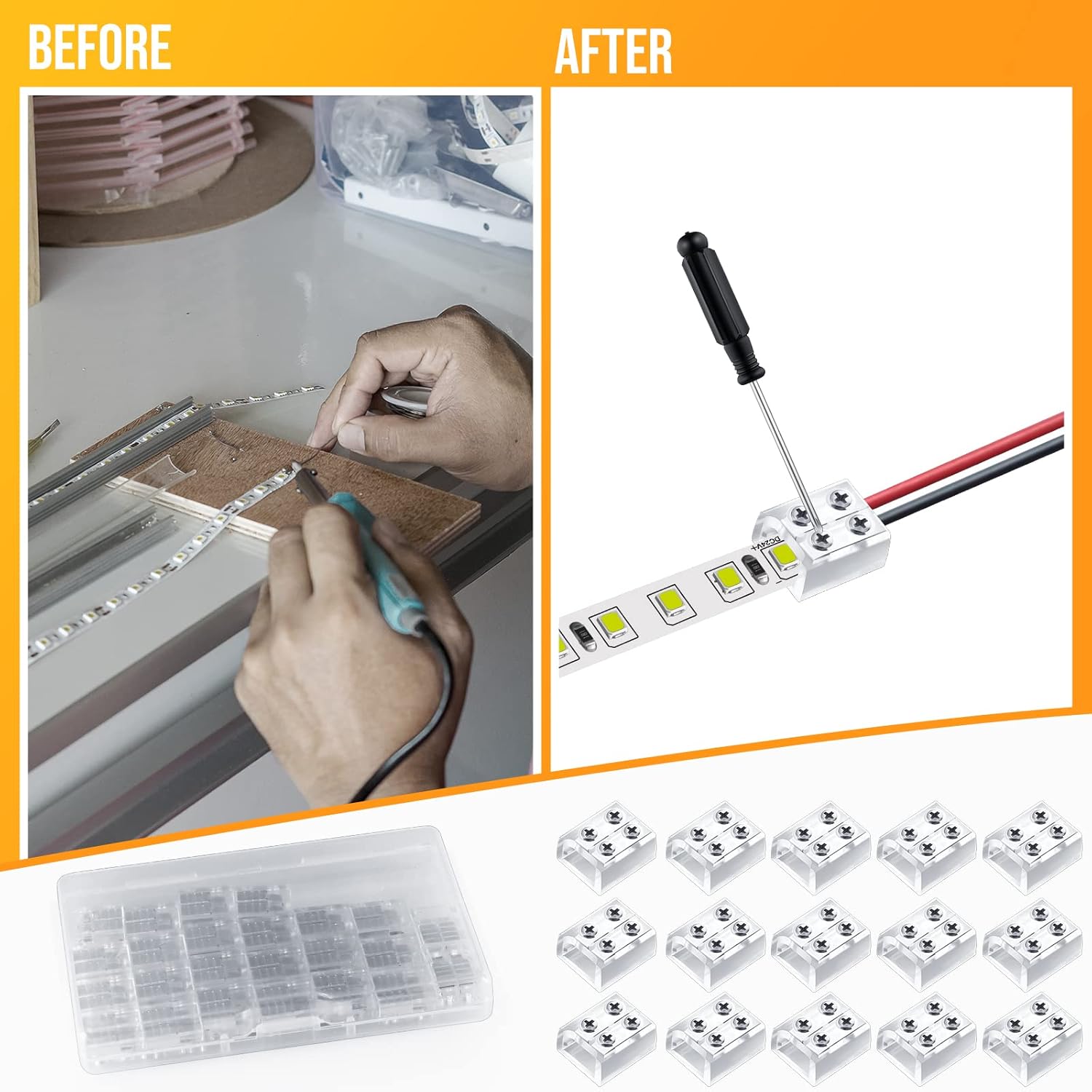 Conector de cinta LED de 2 pines de 0.394 in sin soldadura, conector de tira LED de rosca a cable, conector de bloque de terminales para 5 V, 12 V,