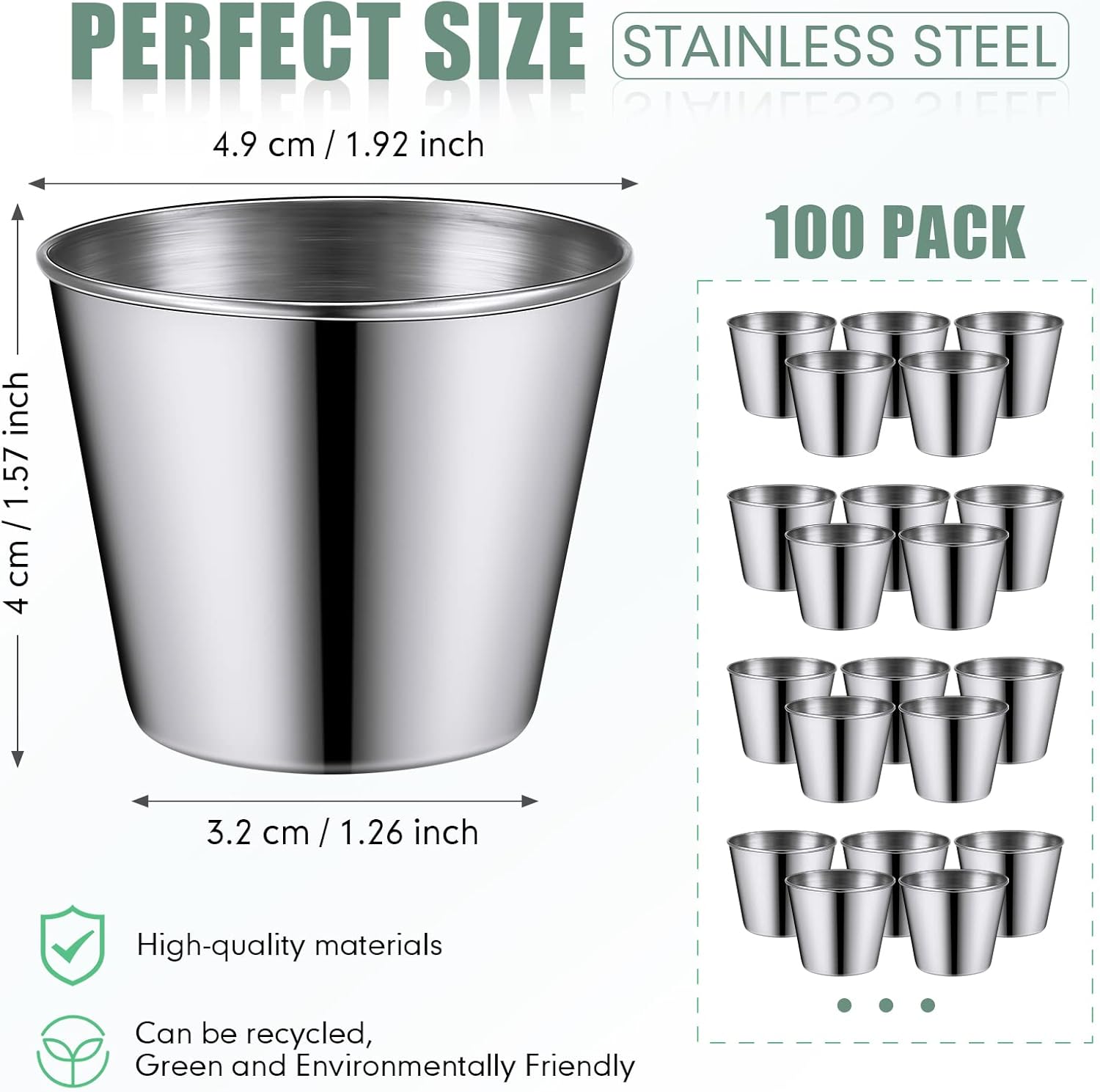 100 piezas de 1.5 oz Ramekins de metal para salsa, tazas de condimento de acero inoxidable, tazas pequeñas de metal para cocina, restaurante,