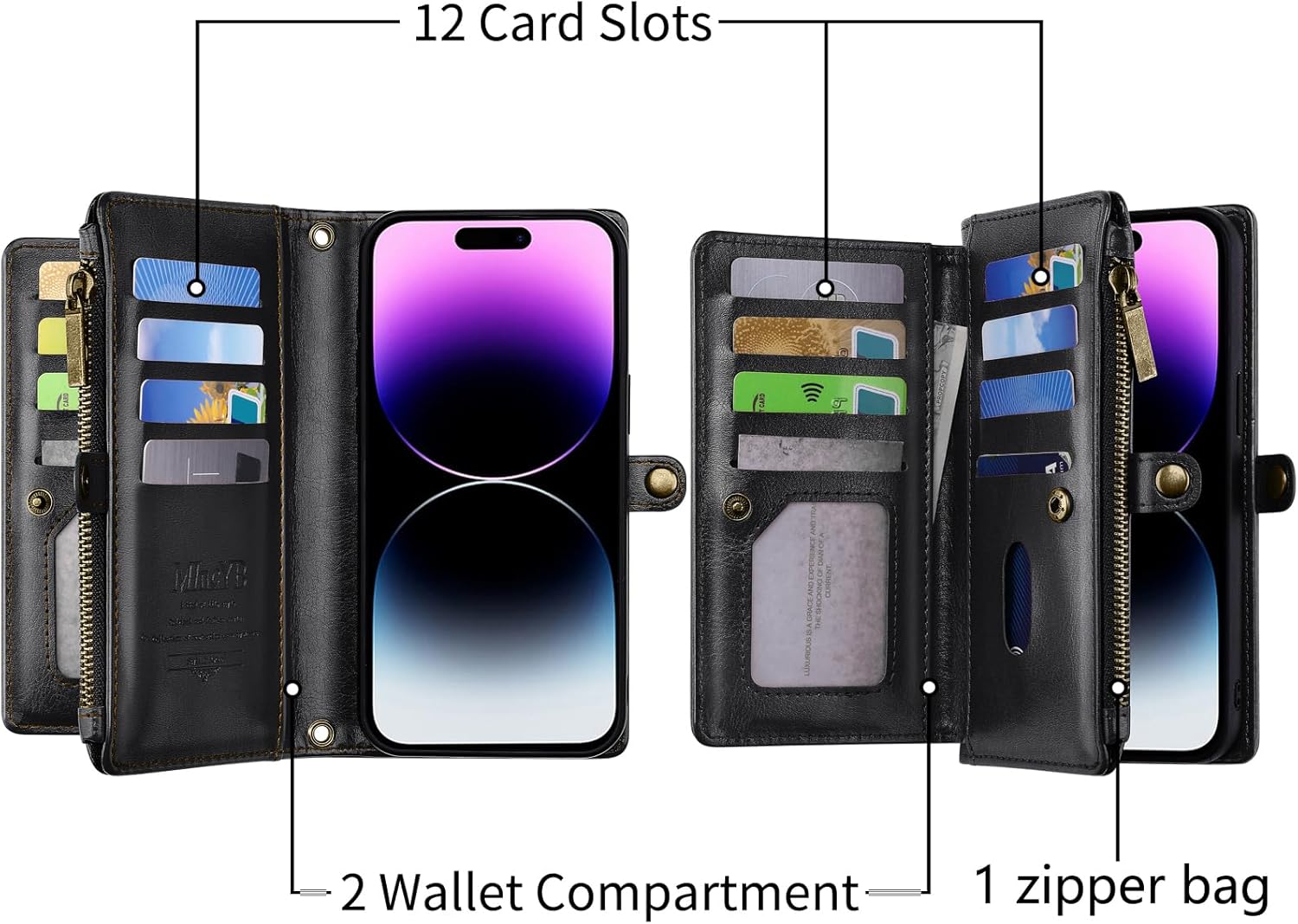 MInCYB Compatible con iPhone 15 Pro Max Crossbody Wallet Case, iPhone 15 Pro Max de piel sintética desmontable con cremallera magnética, con correa
