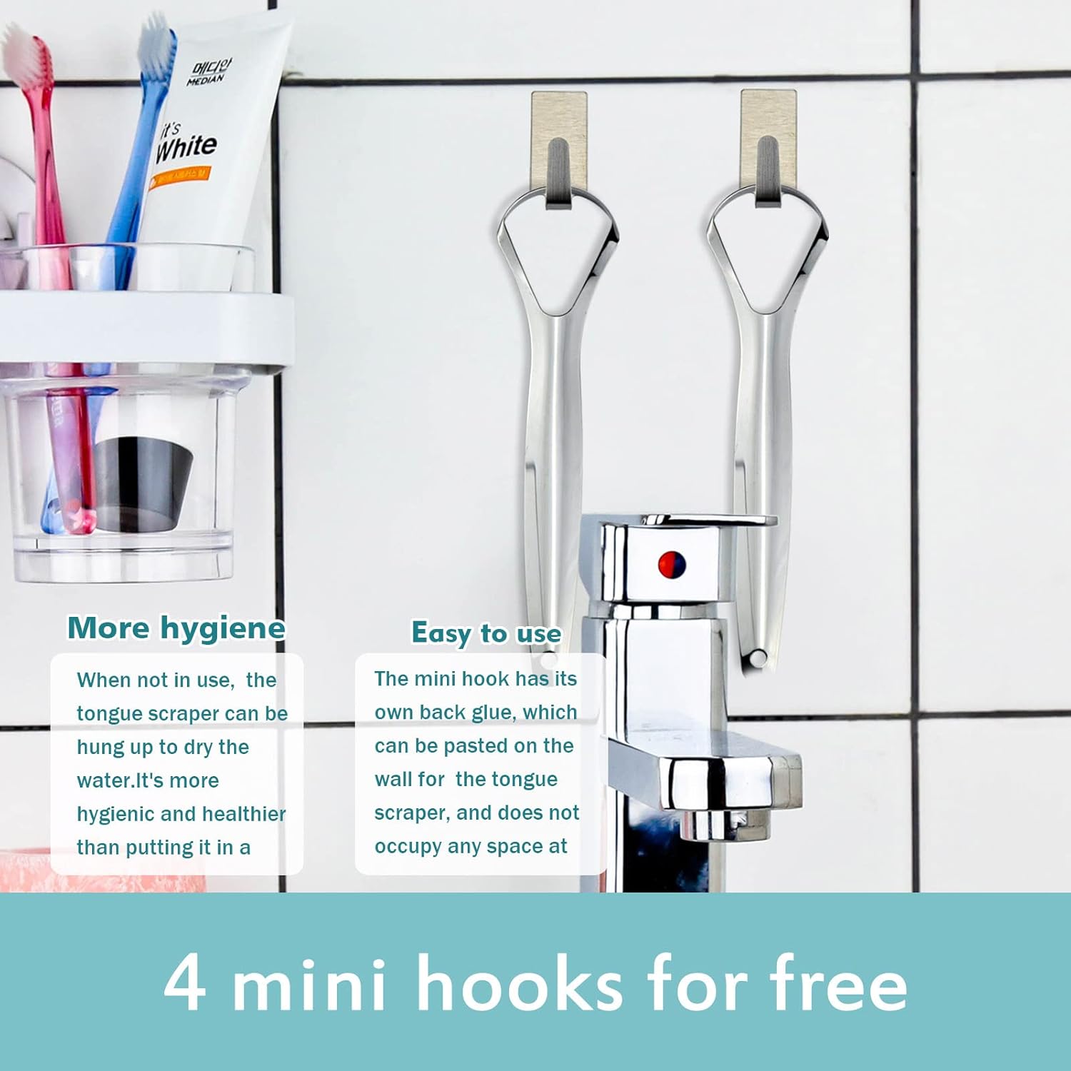 Raspador de lengua (paquete de 2) limpiador de lengua de acero inoxidable de grado médico para adultos y niños con 2 mini ganchos para reducir el