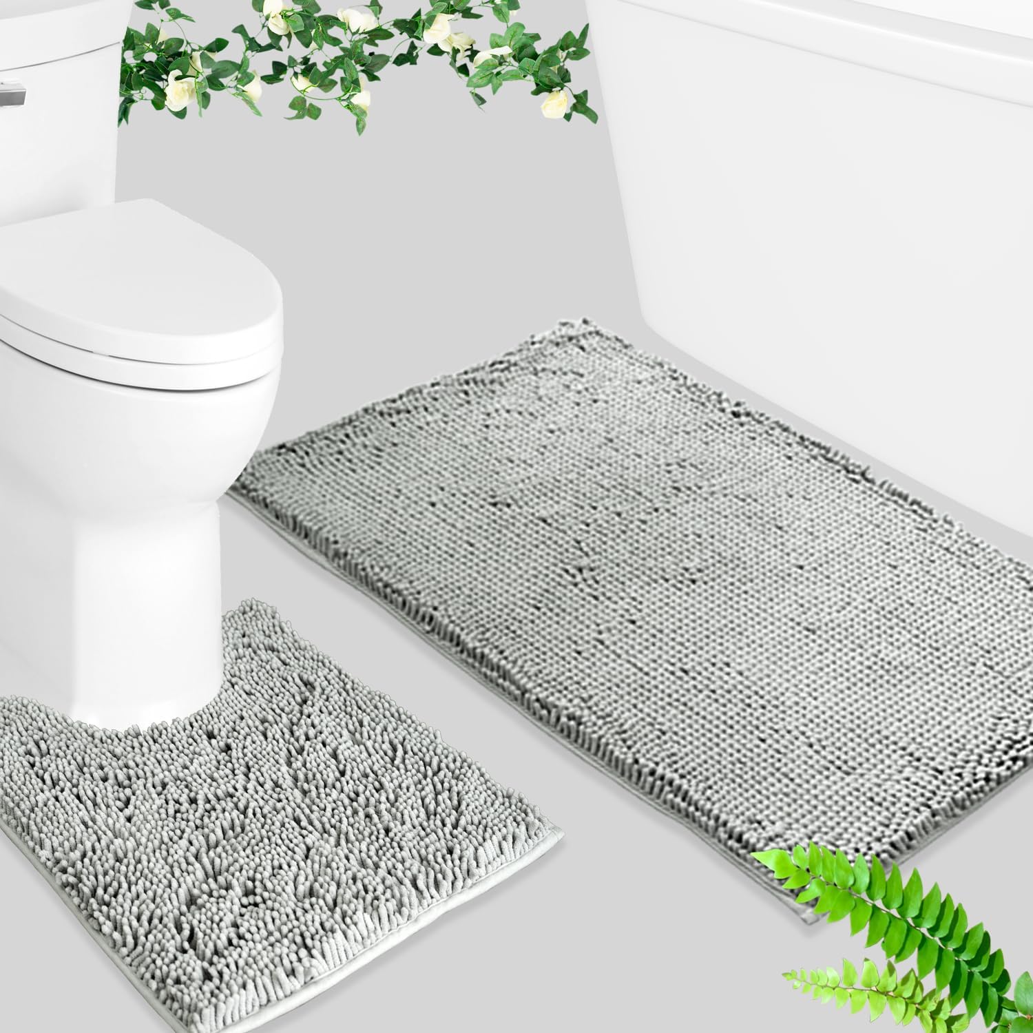 Juego de 2 alfombras de baño absorbentes para baño, felpilla muy suave, antideslizante, 32 x 20 + 20 x 20 pulgadas, alfombra de baño en forma de U,