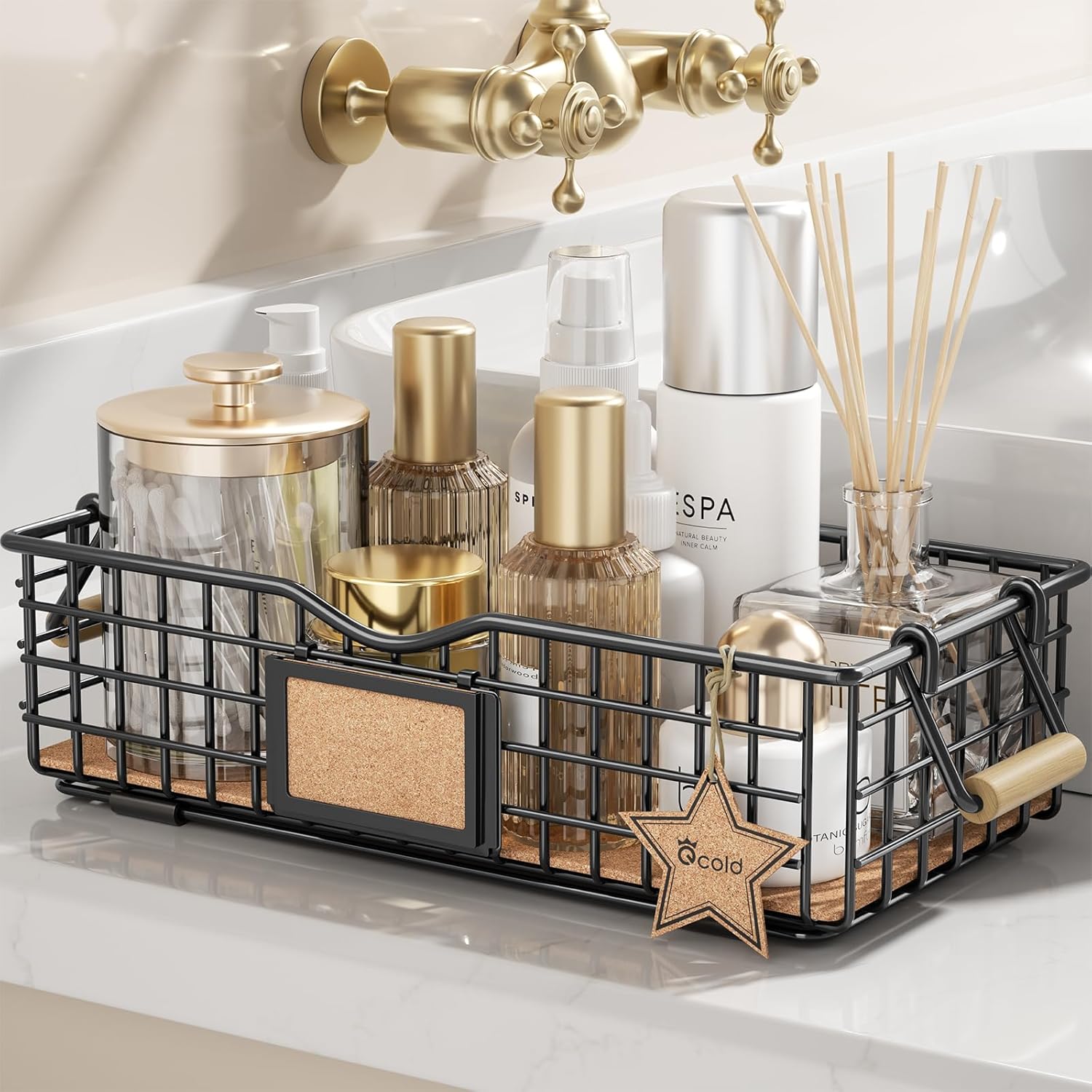 Cesta organizadora de baño, organizador de baño y almacenamiento, cesta de alambre de metal, organizador de encimera de baño con asas, cestas de