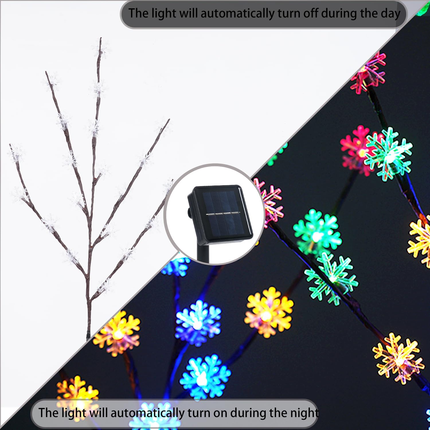 Aovciust Decoraciones de Navidad al aire libre, 4 juegos de luces solares para árbol de Navidad con 80 luces C6 multicolor de copo de nieve,