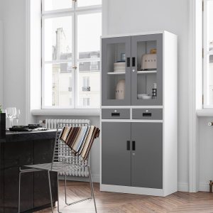 Armario de almacenamiento de metal para despensa de cocina con puertas de vidrio y estantes ajustables, archivador de acero con cerradura de 71 Armario de almacenamiento de metal para despensa de cocina con puertas de vidrio y estantes ajustables, archivador de acero con cerradura de 71