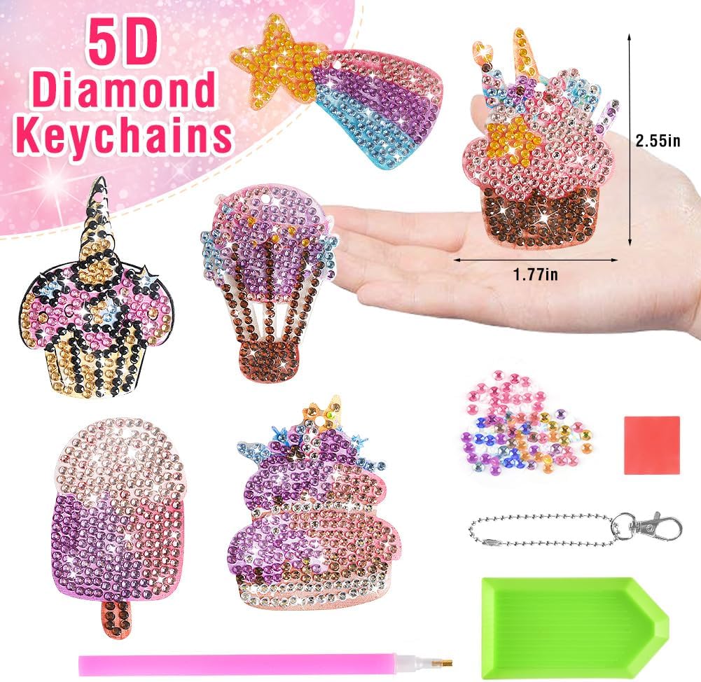Kits de llaveros de diamante 5D para niños, 6 piezas de artes y manualidades para niños de 8 a 12 años, pintura por números para decoración de