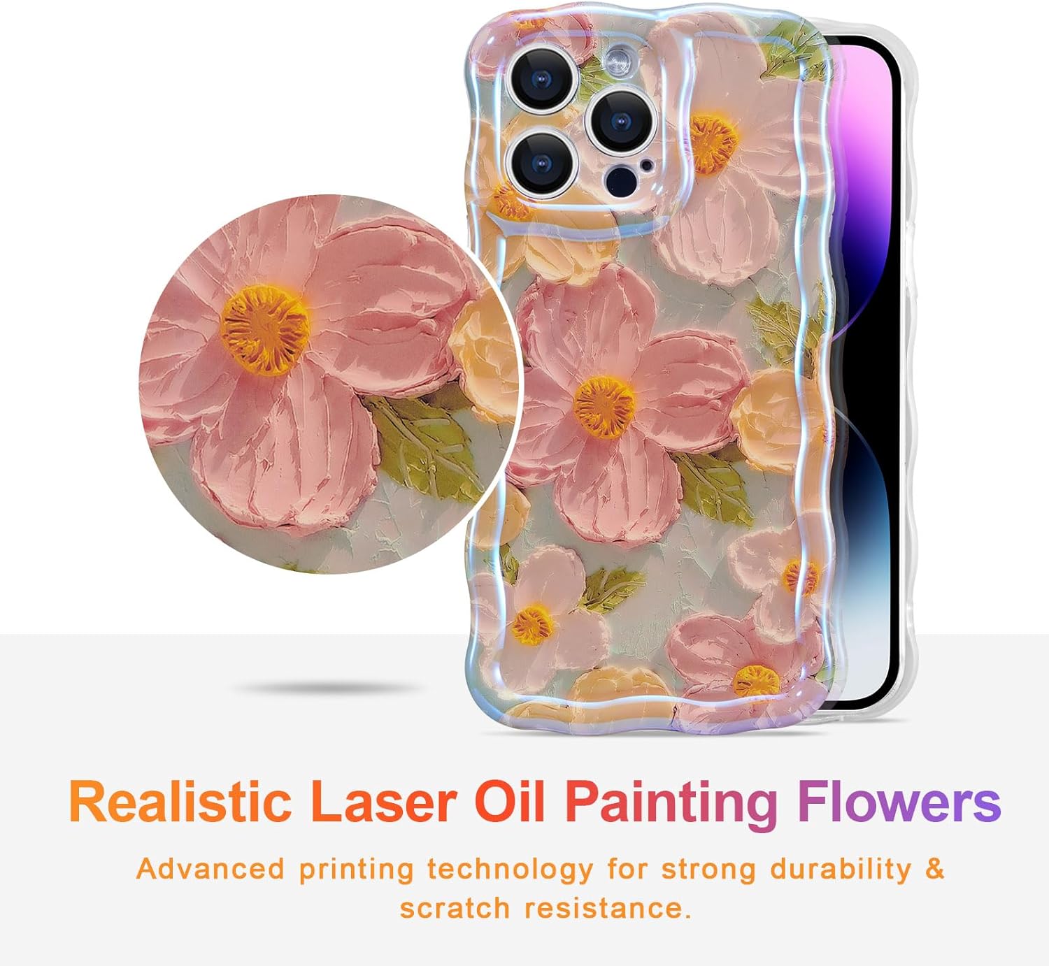 EYZUTAK Funda para iPhone 12 Pro, colorida pintura al óleo retro impresa flor láser patrón brillante lindo rizado borde exquisito teléfono cubierta