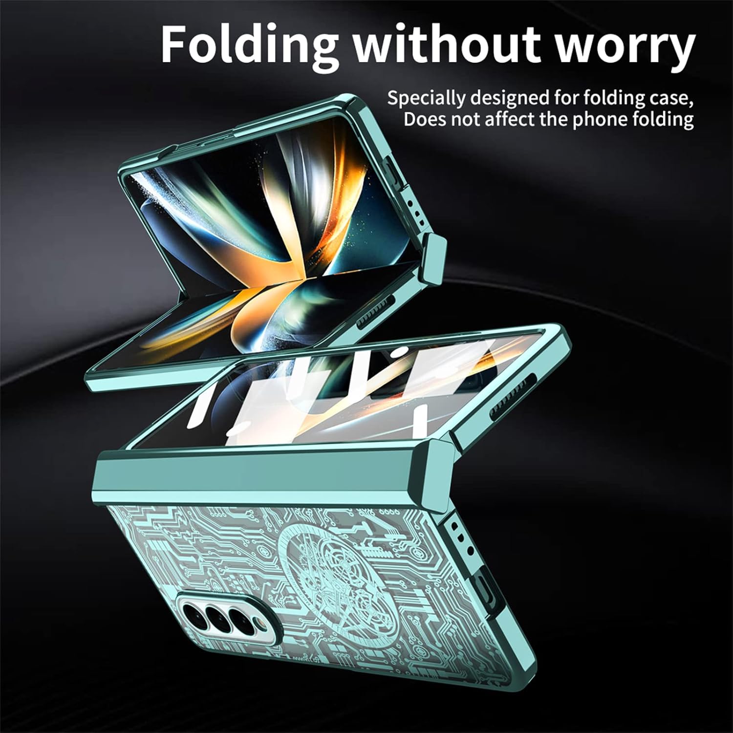 Funda para Samsung Galaxy Z Fold 4 5G, patrón de engranaje mecánico, protección de bisagra, cubierta de policarbonato chapado transparente con