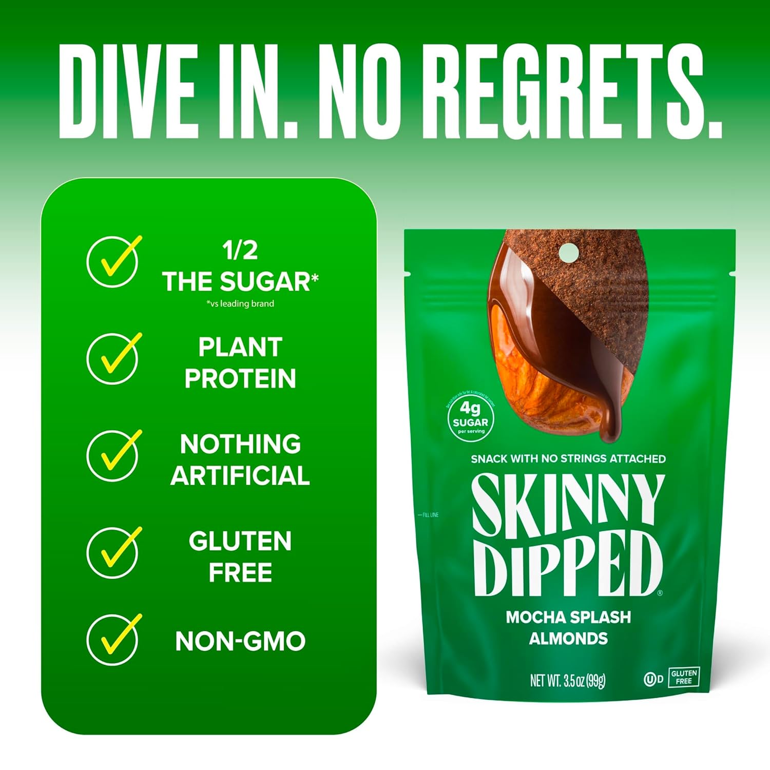SkinnyDipped Almendras Mocha Splash, aperitivo saludable, proteína vegetal, sin gluten, bolsas resellables de 3.5 onzas, paquete de 5