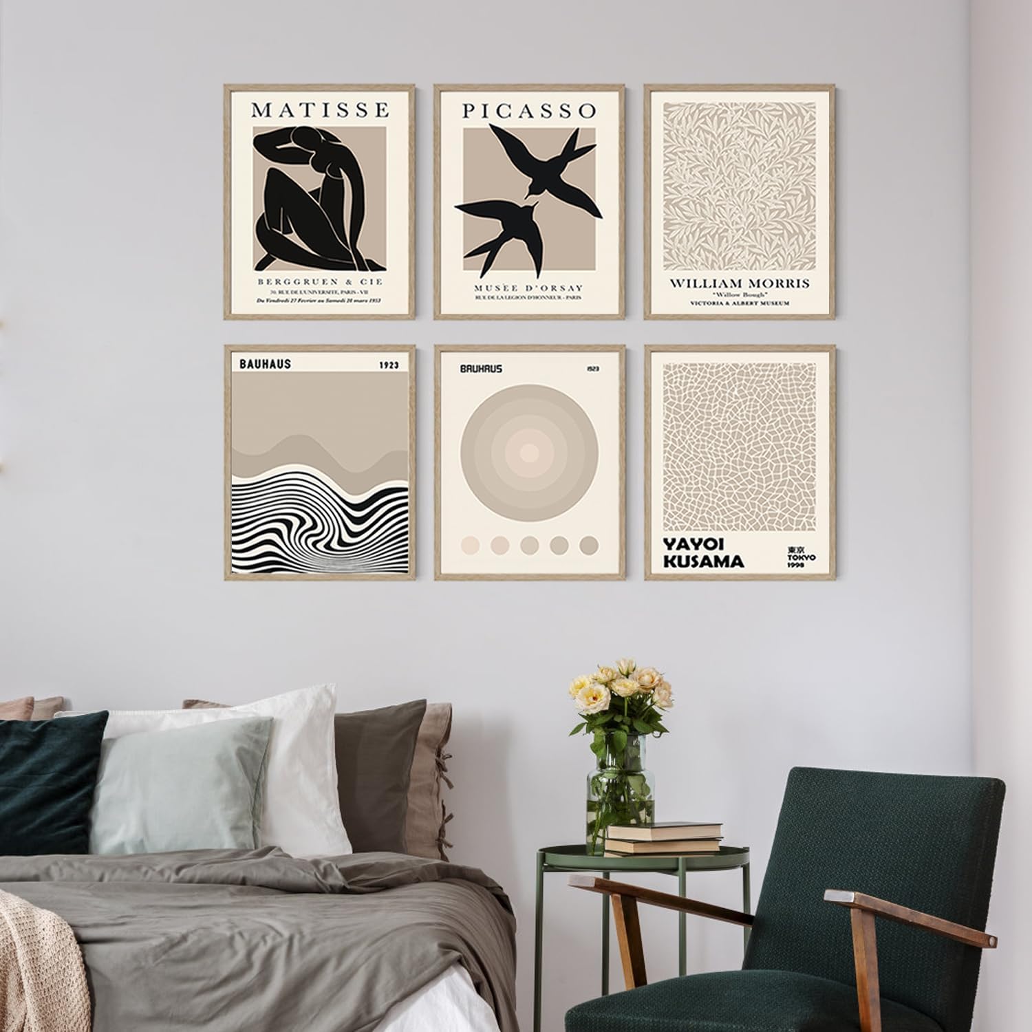 Iknostine Juego de 6 impresiones artísticas para pared de artistas famosos, póster abstracto de Matisse en lienzo estético negro, arte de flores de