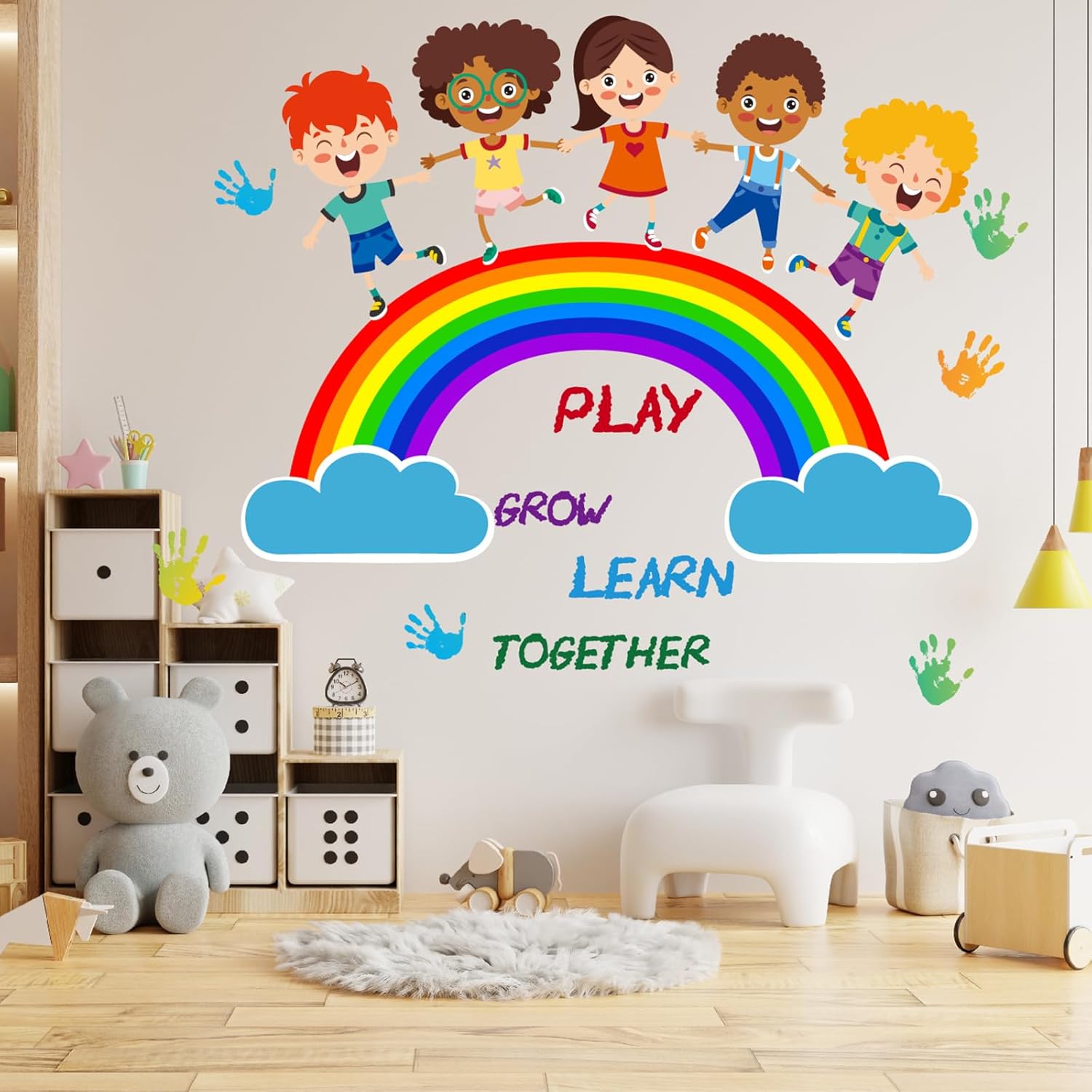 Calcomanías de pared coloridas de arco iris, calcomanías de pared con huellas de mano para niños, murales de pared inspiradores para despegar y