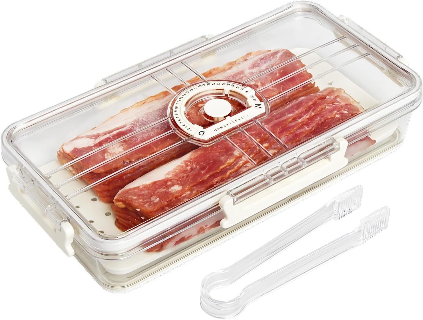 Recipiente de almacenamiento de tocino con tapa hermética sellada al aire para nevera, soporte para tocino, carne y queso, con pinzas para servir