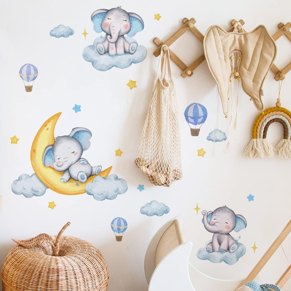 Decoración de pared de elefante de ensueño azul, luna dorada, globo aerostático, estrellas, calcomanías de pared para habitación de bebé, habitación