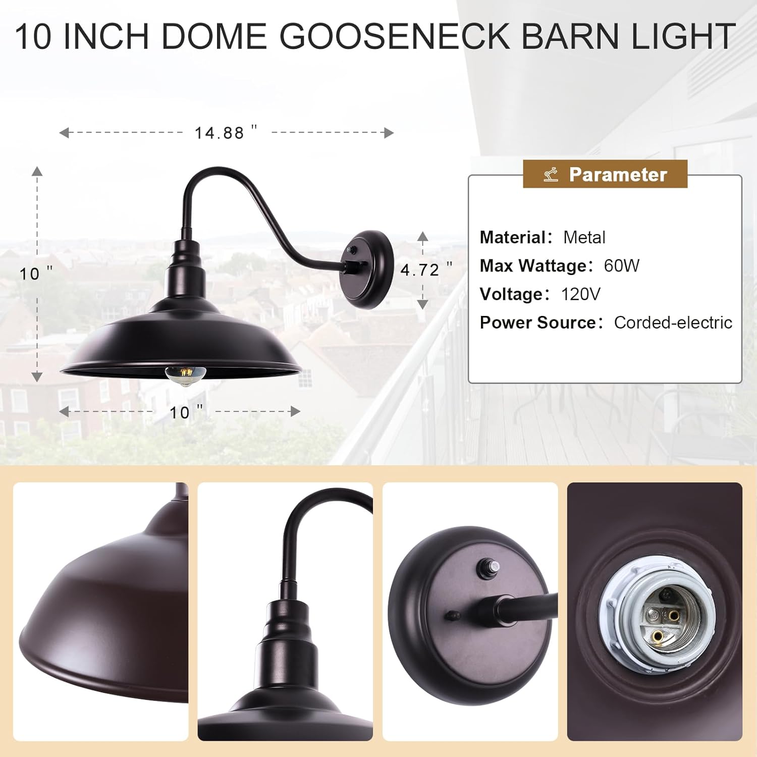 INNOSPARX Lámpara de pared exterior de 10 pulgadas con cuello de cisne de bronce claro para exteriores, montaje en pared, aplique de pared exterior