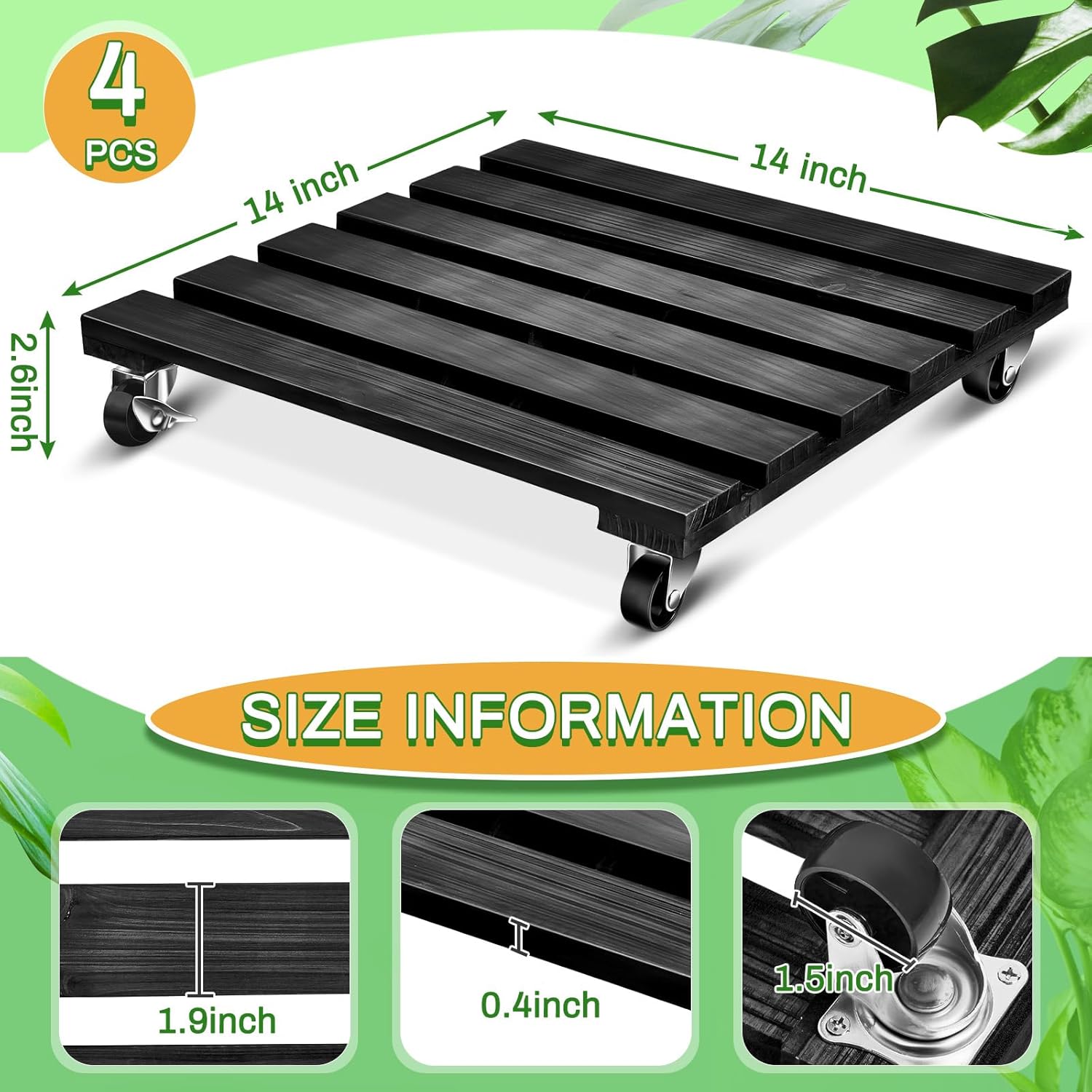 Taiyin Paquete de 4 soportes para plantas de 14 pulgadas con ruedas bloqueables, soporte rodante resistente para plantas de 220 libras, base de