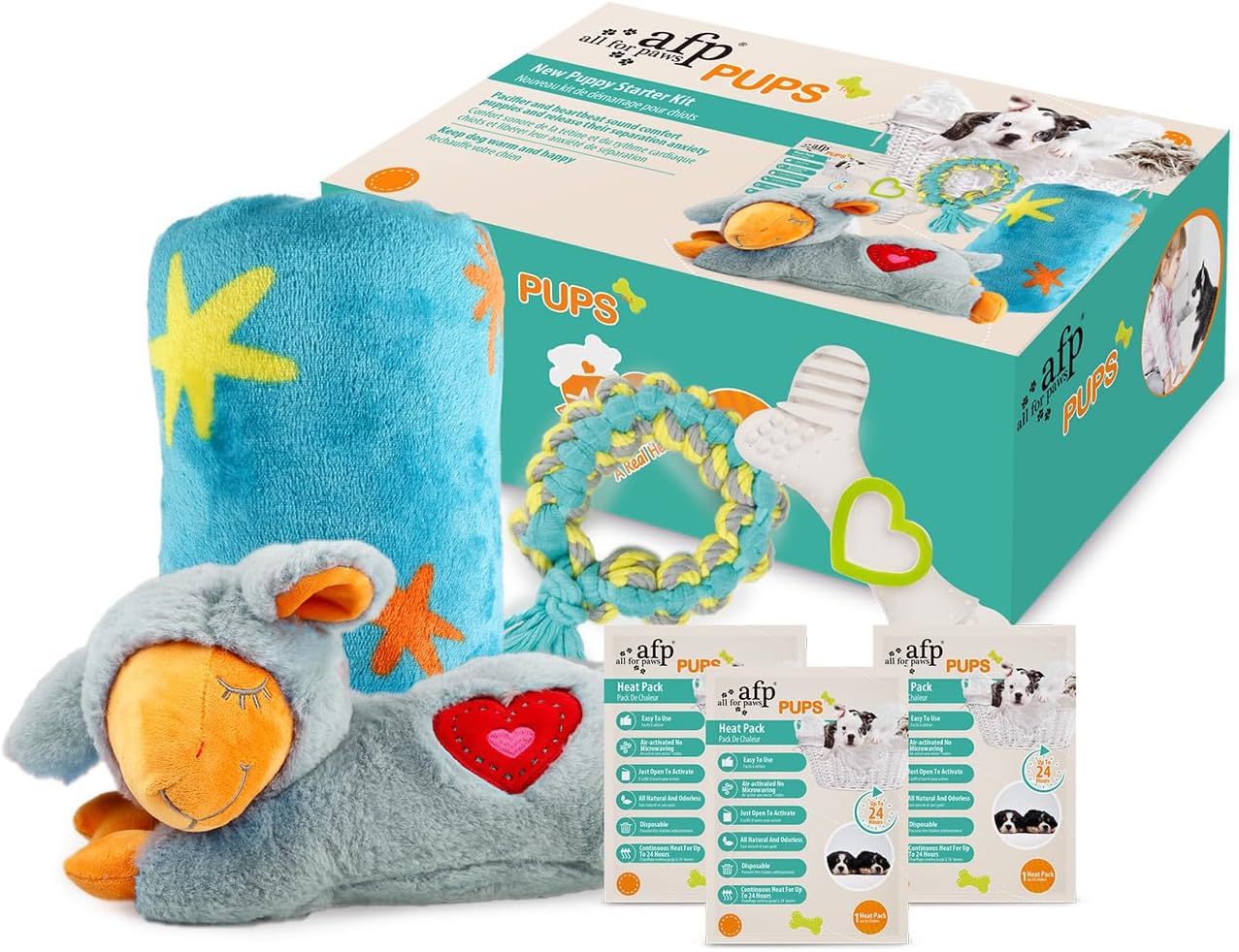 ALL FOR PAWS Juguete para cachorros Heartbeat, kit de iniciación para aliviar la ansiedad, kit de bienvenida para el hogar de mi cachorro con una