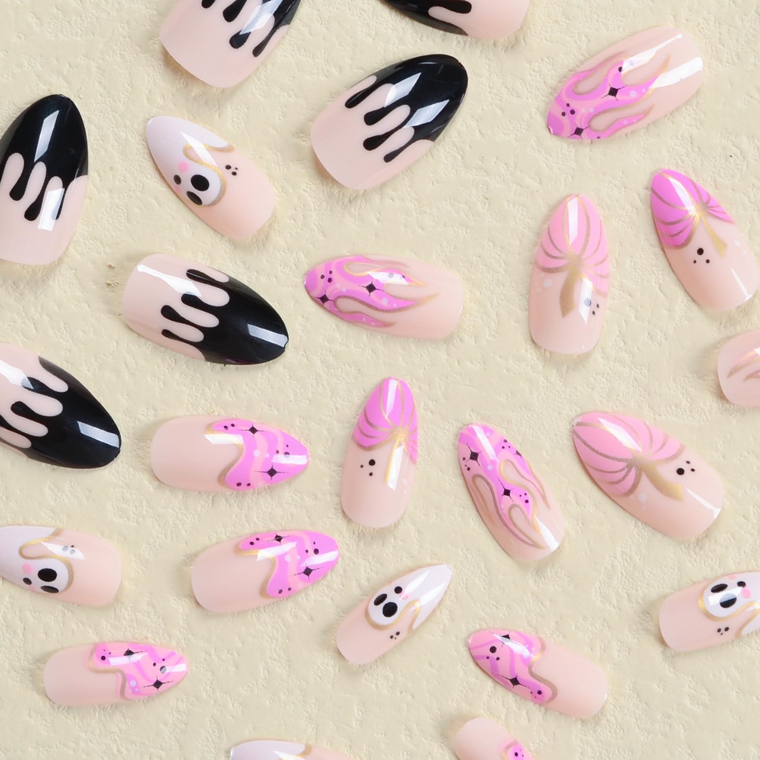Uñas postizas de Halloween, uñas postizas medianas de punta francesa a presión, cobertura completa, calabaza, fantasma, sangre de Halloween, diseño