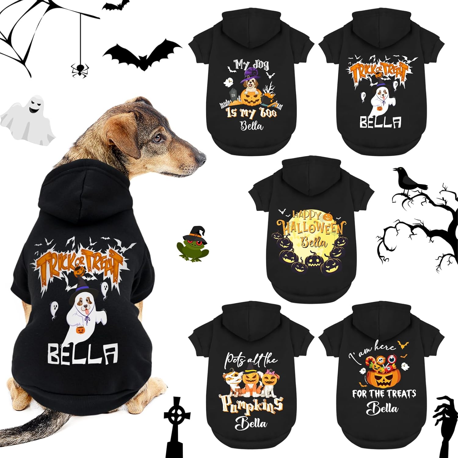 Atdesk Sudadera con capucha personalizada para perro de Halloween, sudadera con capucha para perro con nombre personalizado, sudadera con capucha
