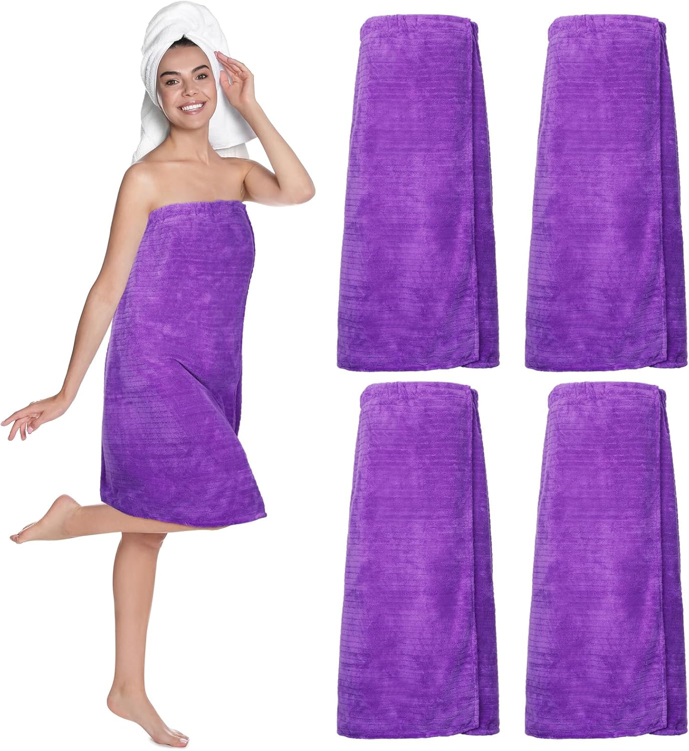 4 toallas de spa para mujer, bata de spa con cierre ajustable, parte superior elástica, envolturas ligeras para baño y ducha (morado, rayas)