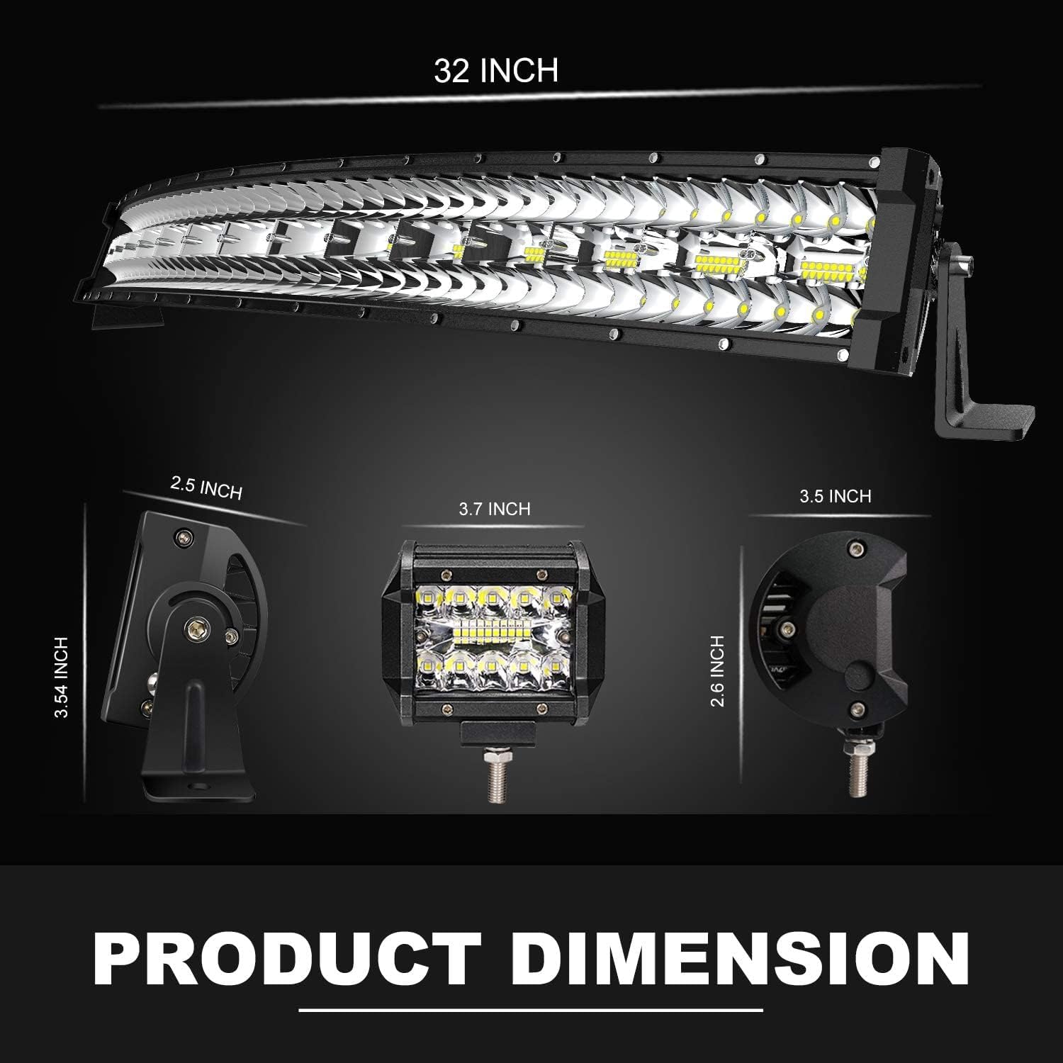 Kit de barra de luz LED curvada de 32 pulgadas + 2 módulos de luz LED de 4 pulgadas y 60 W con arnés de cableado, combo de inundación puntal,