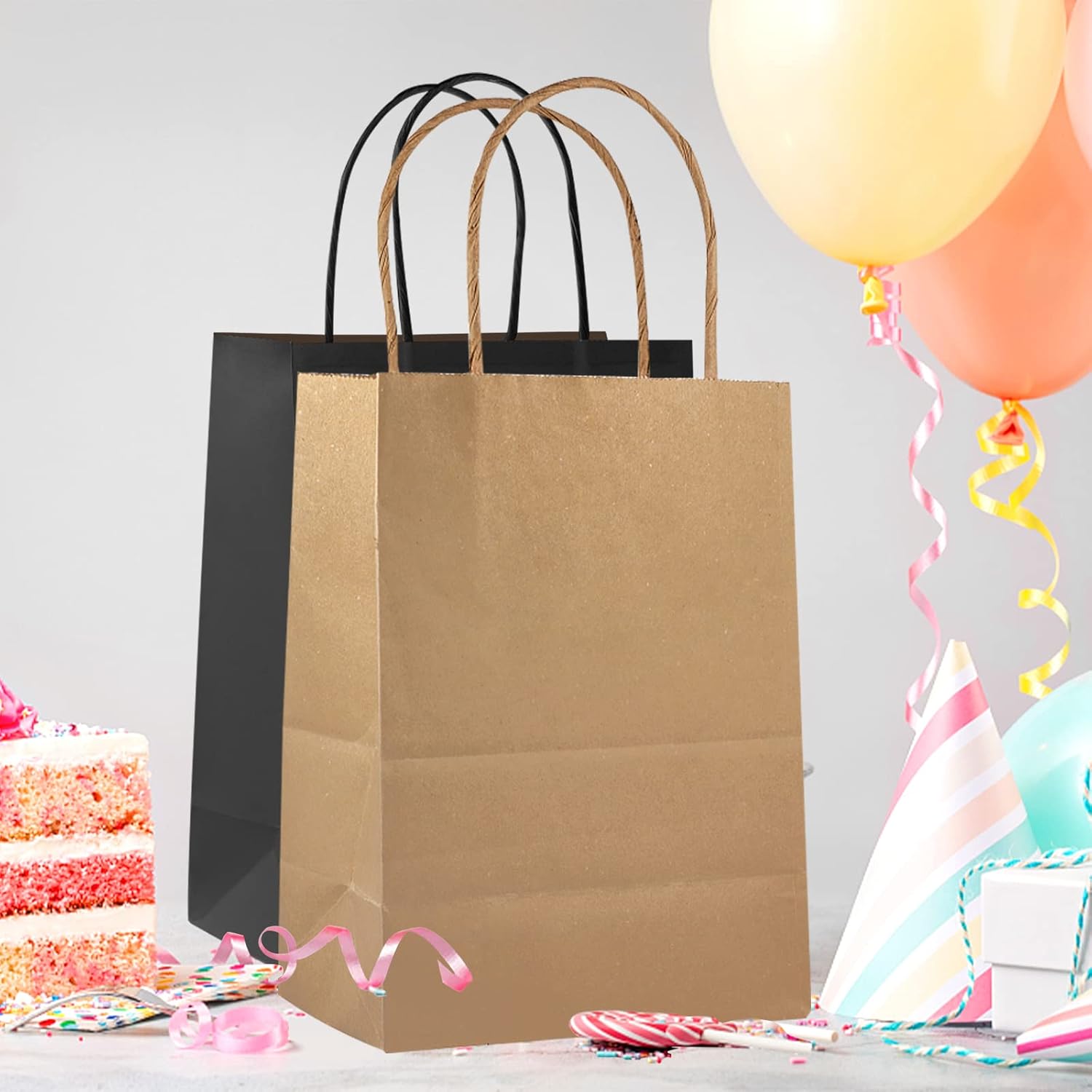 COGLARING 100 bolsas de regalo de 6.3 x 3.2 x 8.3 pulgadas, bolsa de papel kraft negro con asas a granel para recuerdos de comestibles al por menor,