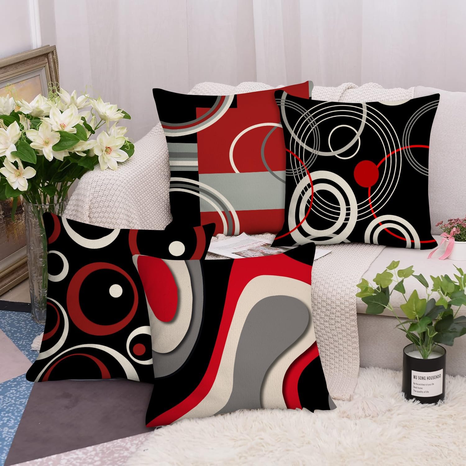 Juego de 4 fundas de almohada abstractas rojas y negras de 18 x 18 pulgadas, fundas de almohada decorativas, fundas de cojín cuadradas geométricas