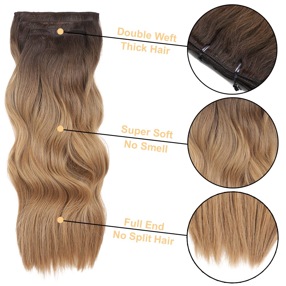 4 extensiones de cabello con clip de 20 pulgadas, extensiones de cabello sintético grueso con clip, para mujer (marrón chocolate degradado a rubio