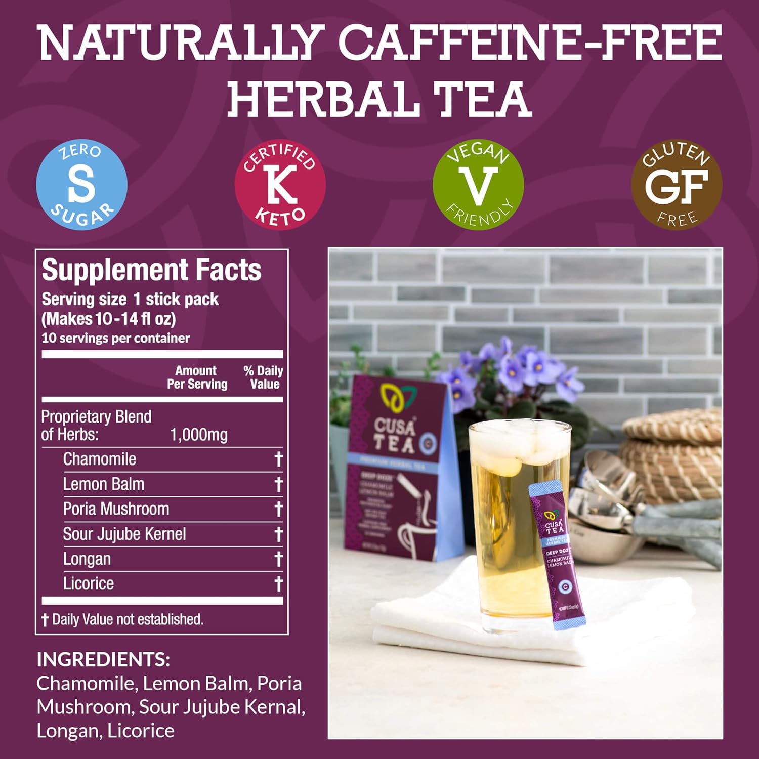 Cusa Tea & Coffee  Deep Doze Herbal Tea  Té instantáneo sin cafeína premium  Té caliente y helado sin azúcar añadido (30 porciones individuales)