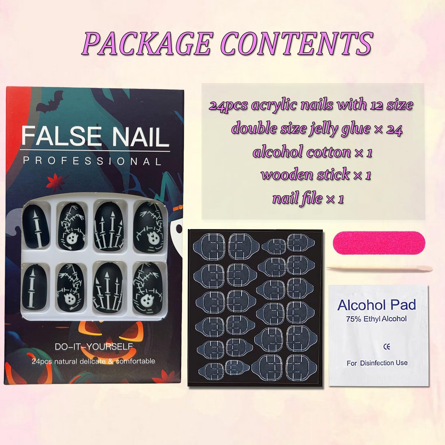 24 uñas negras a presión de Halloween, uñas postizas medianas de forma ovalada para Halloween, uñas con pegamento en uñas con patrón de esqueleto