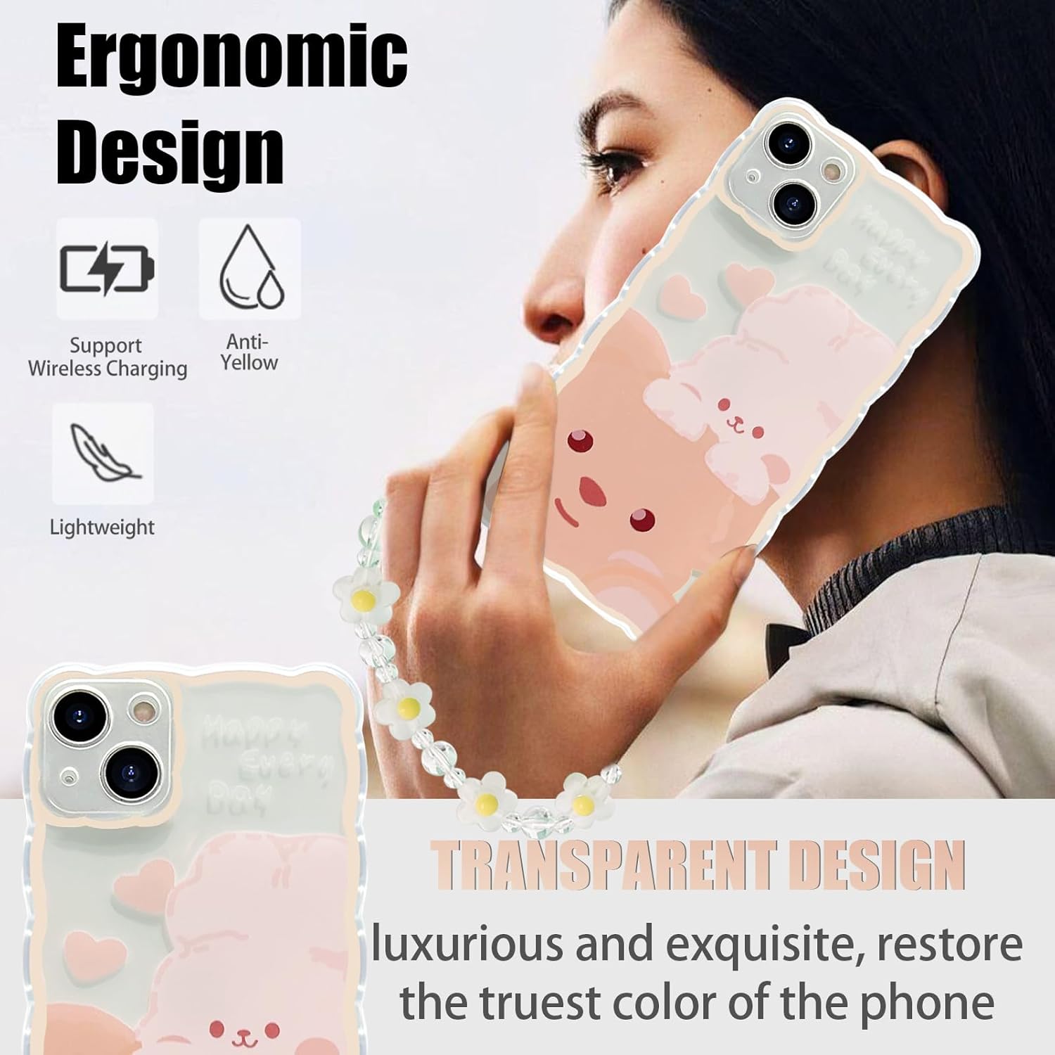 ZSYTZL Funda compatible con iPhone 15, bonito patrón de dibujos animados con bonito diseño de cadena para mujeres y niñas, funda estética kawaii