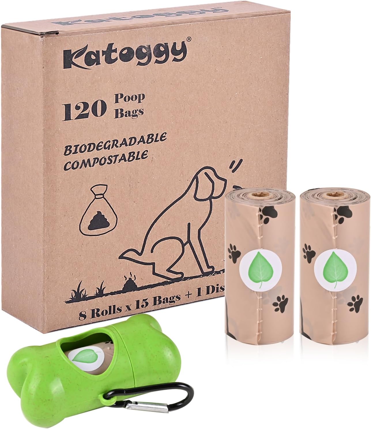 Katoggy Bolsas para excrementos de perro, 8 rollos, 120 unidades, 9 x 13 pulgadas con dispensador, extra gruesas, a prueba de fugas, bolsas