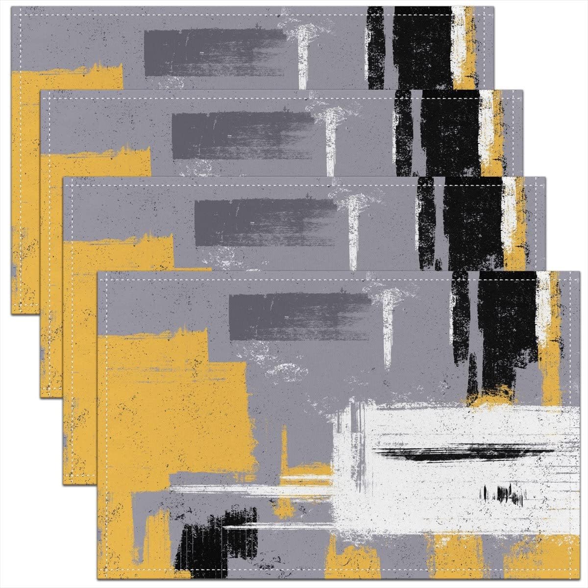 Manteles individuales abstractos de 12 x 18 pulgadas, juego de 4 manteles individuales modernos de arte abstracto, amarillo, gris y blanco, para