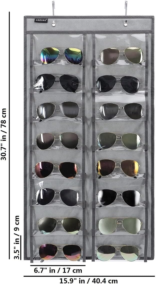Organizador de lentes de sol para colgar sobre la puerta, con 16 bolsillos transparentes
