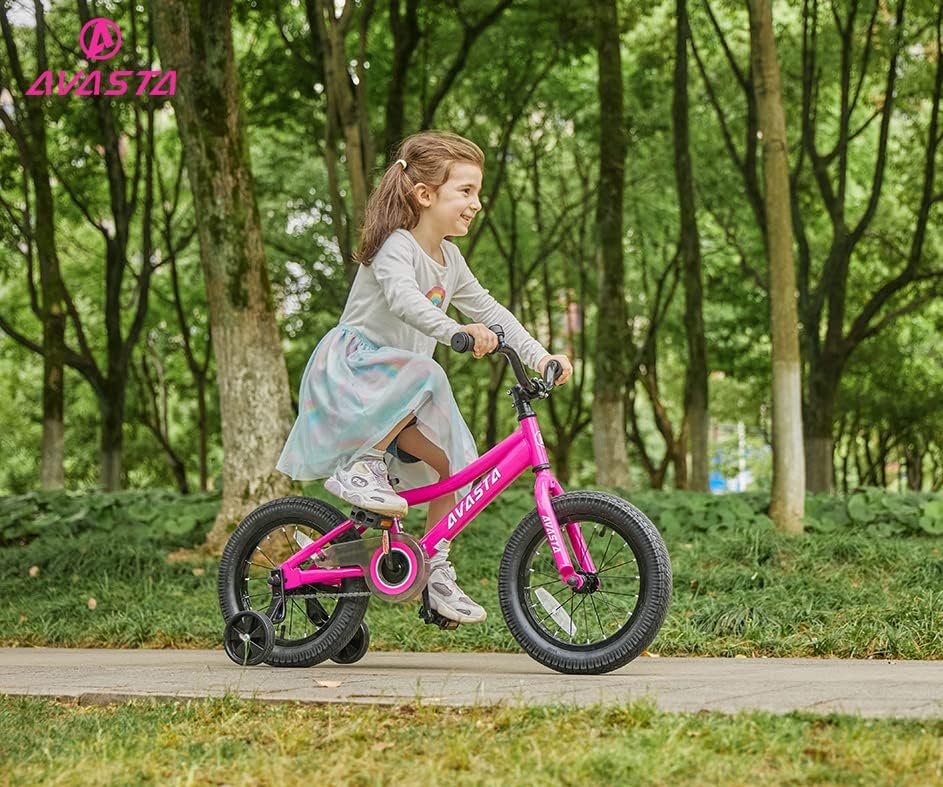 AVASTA Bilbo – Bicicleta infantil de 14, 18, 20 pulgadas, para niños de 3 a 10 años, con soporte y doble freno de mano, asiento ajustable, varios